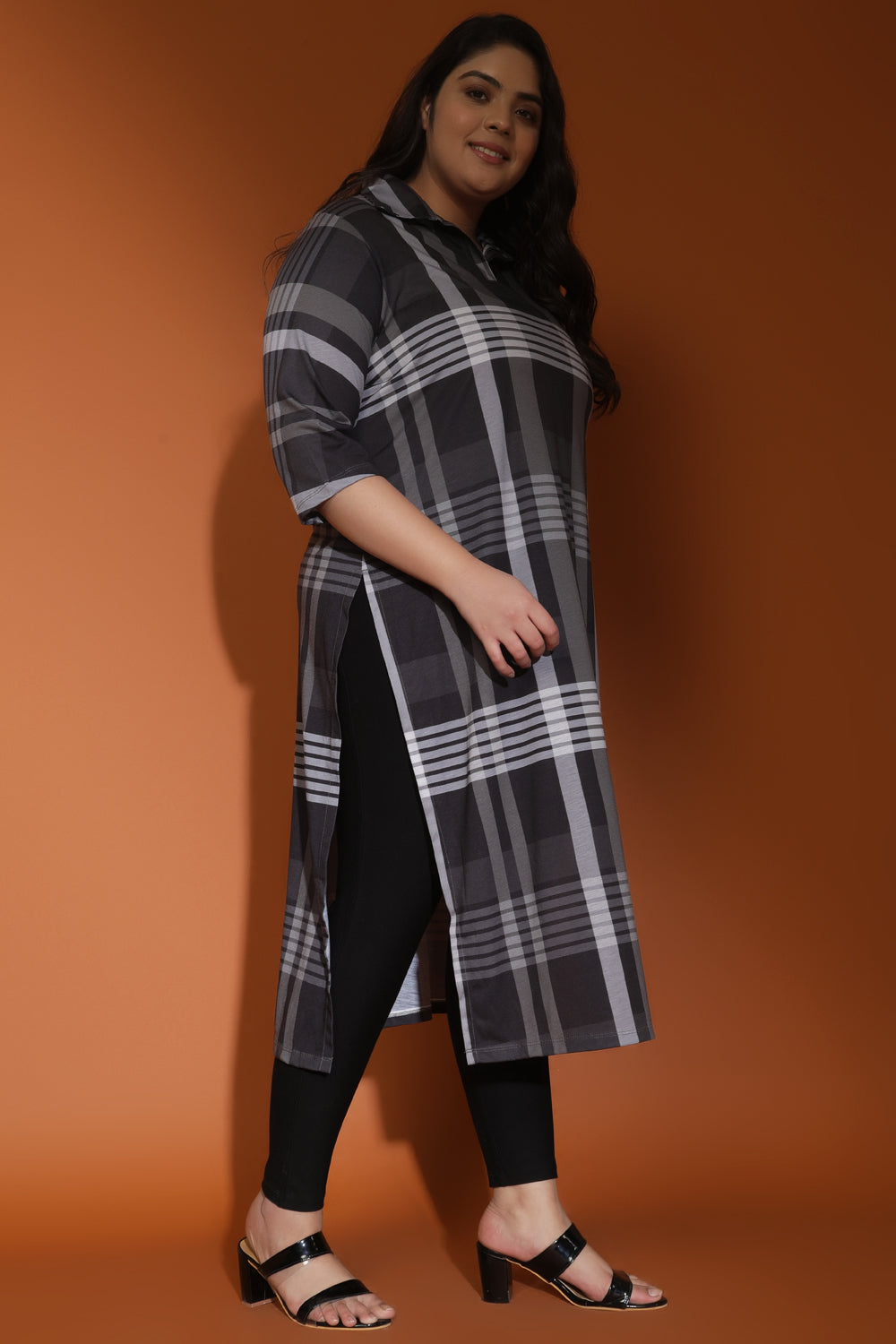 Plus Size Black Grey Plaid Printed Kurta