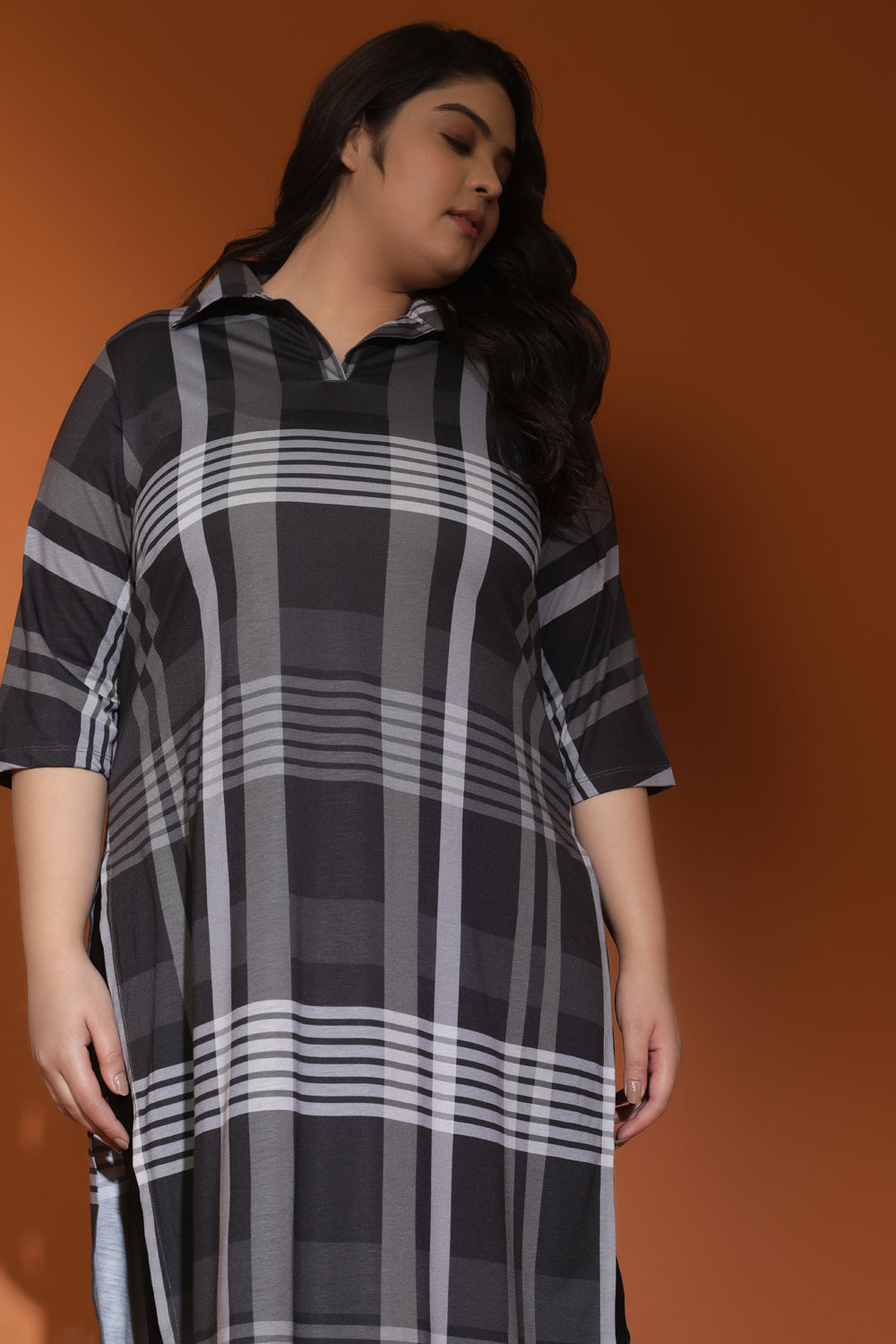 Black Grey Plaid Printed Kurta for Women