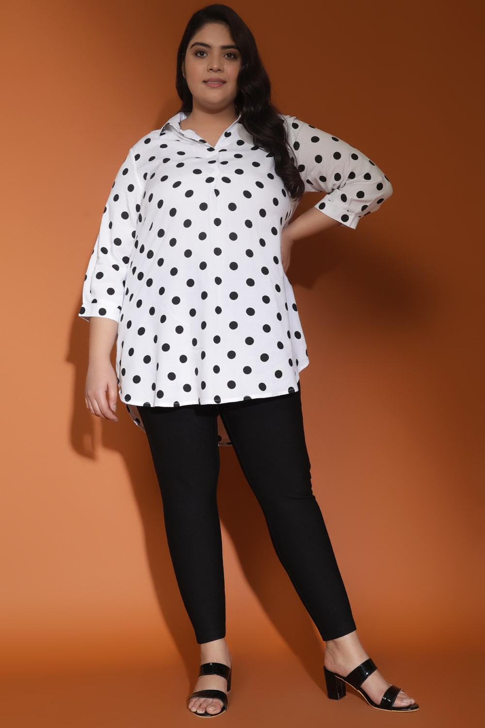White Black Polka Centre Pleat Top