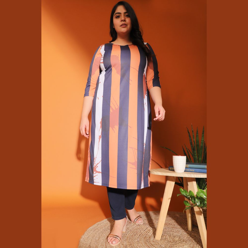 Tan Navy Stripe Printed Kurti
