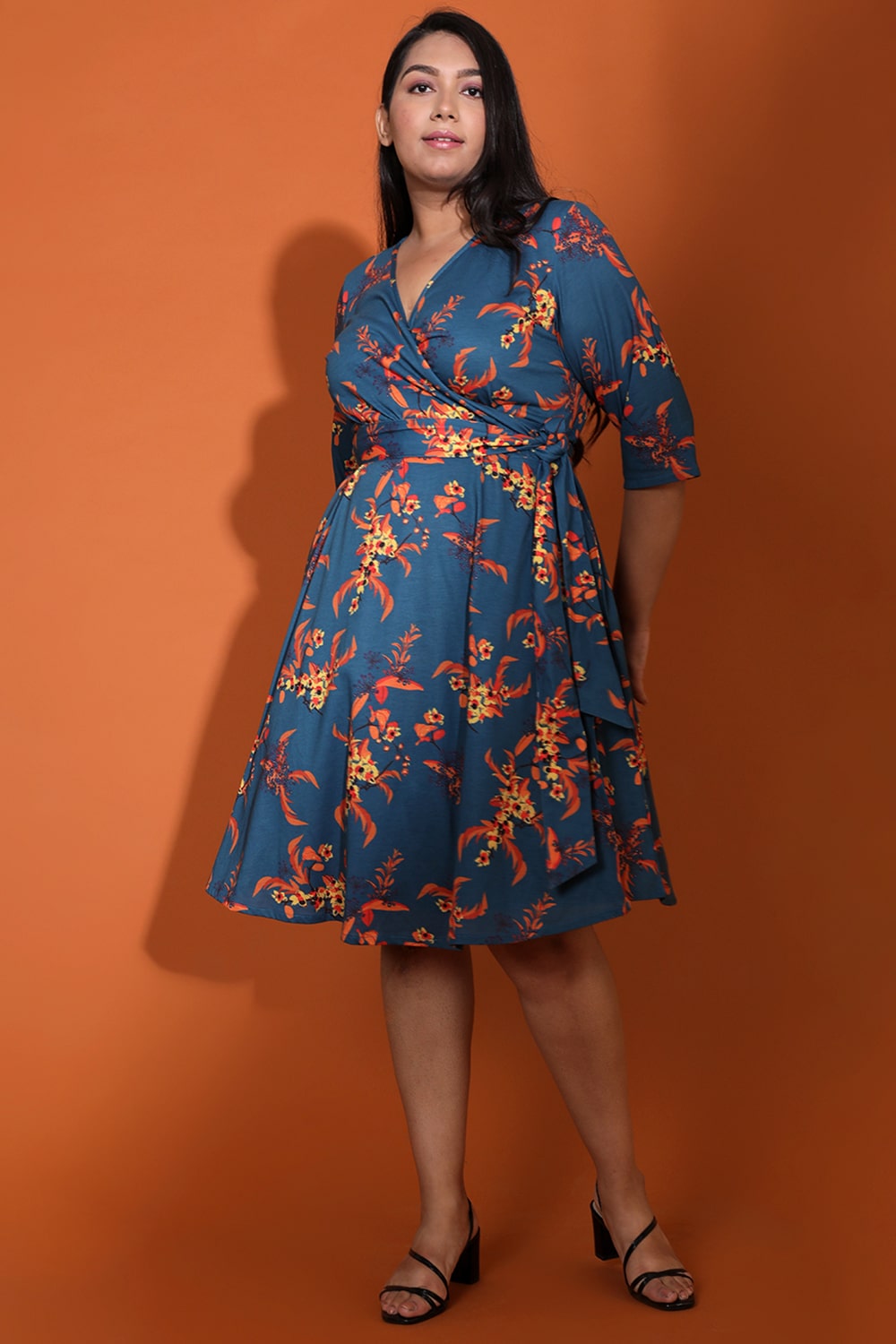 Plus Size Teal Red Floral True Wrap Dress Online in India
