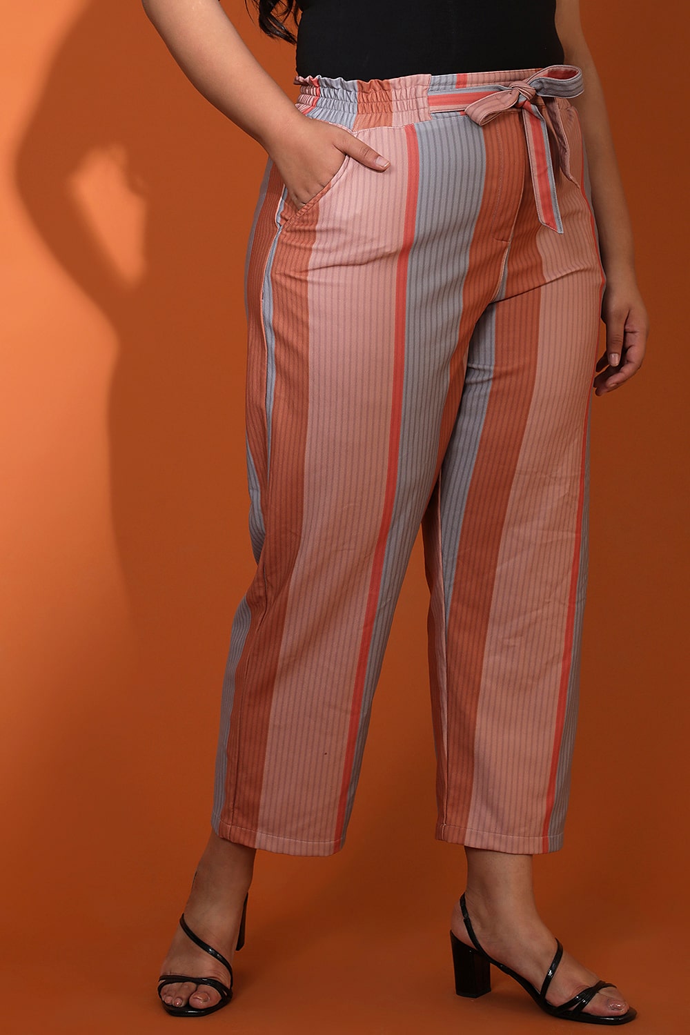 Plus Size Grey Muted Rose Stripe High Waist Pants
