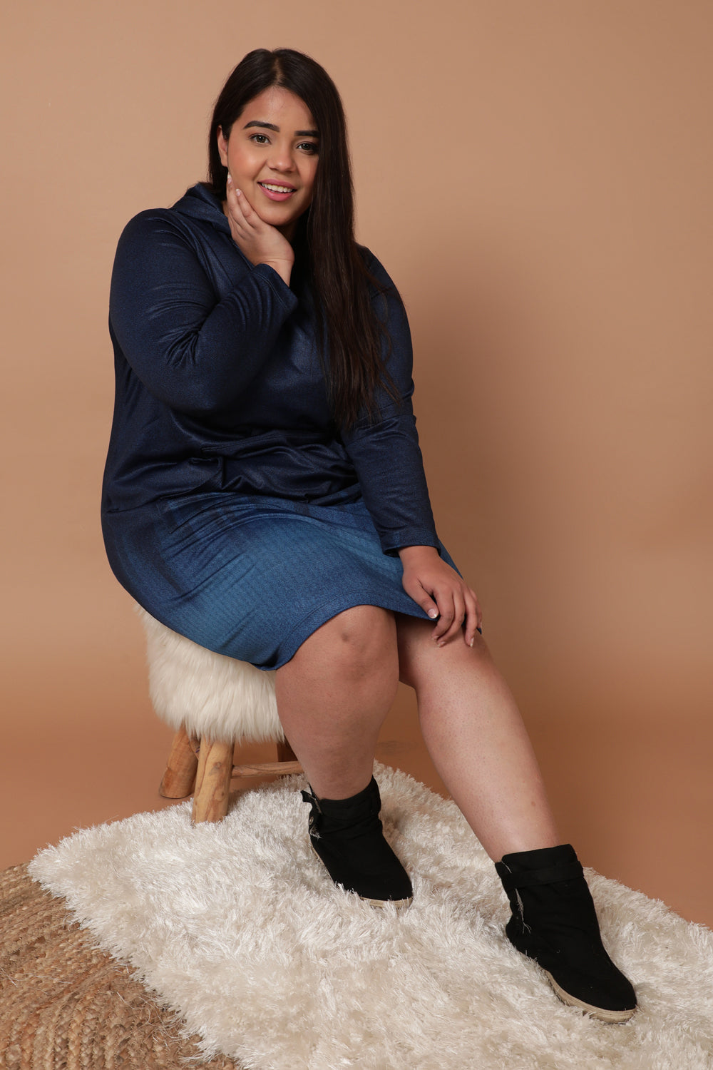 Plus Size Midnight Denim Ombre Printed Sweatshirt Hoodie Winter Dress
