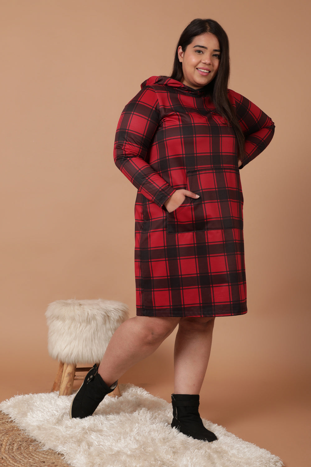 Plus Size Red Black Plaid Printed Sweatshirt Hoodie Winter Dress