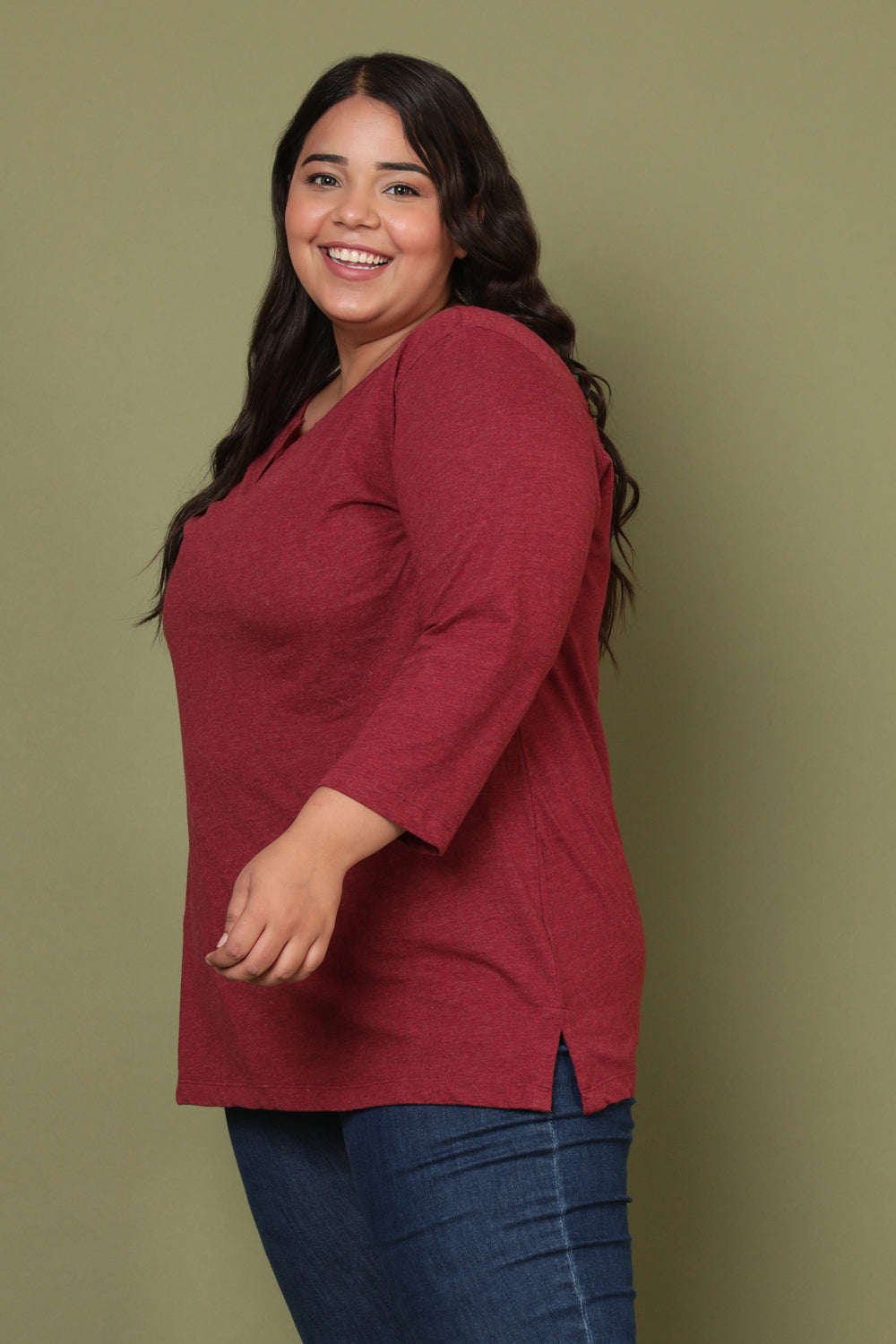 Plus Size Maroon Milange Henley Tshirt