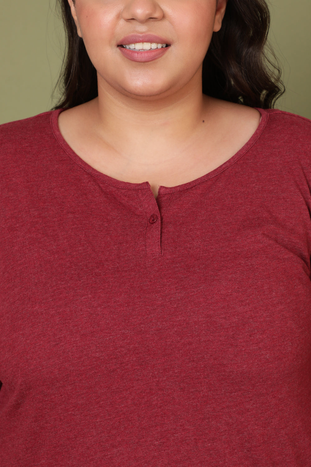 Maroon Milange Henley Tshirt for Women