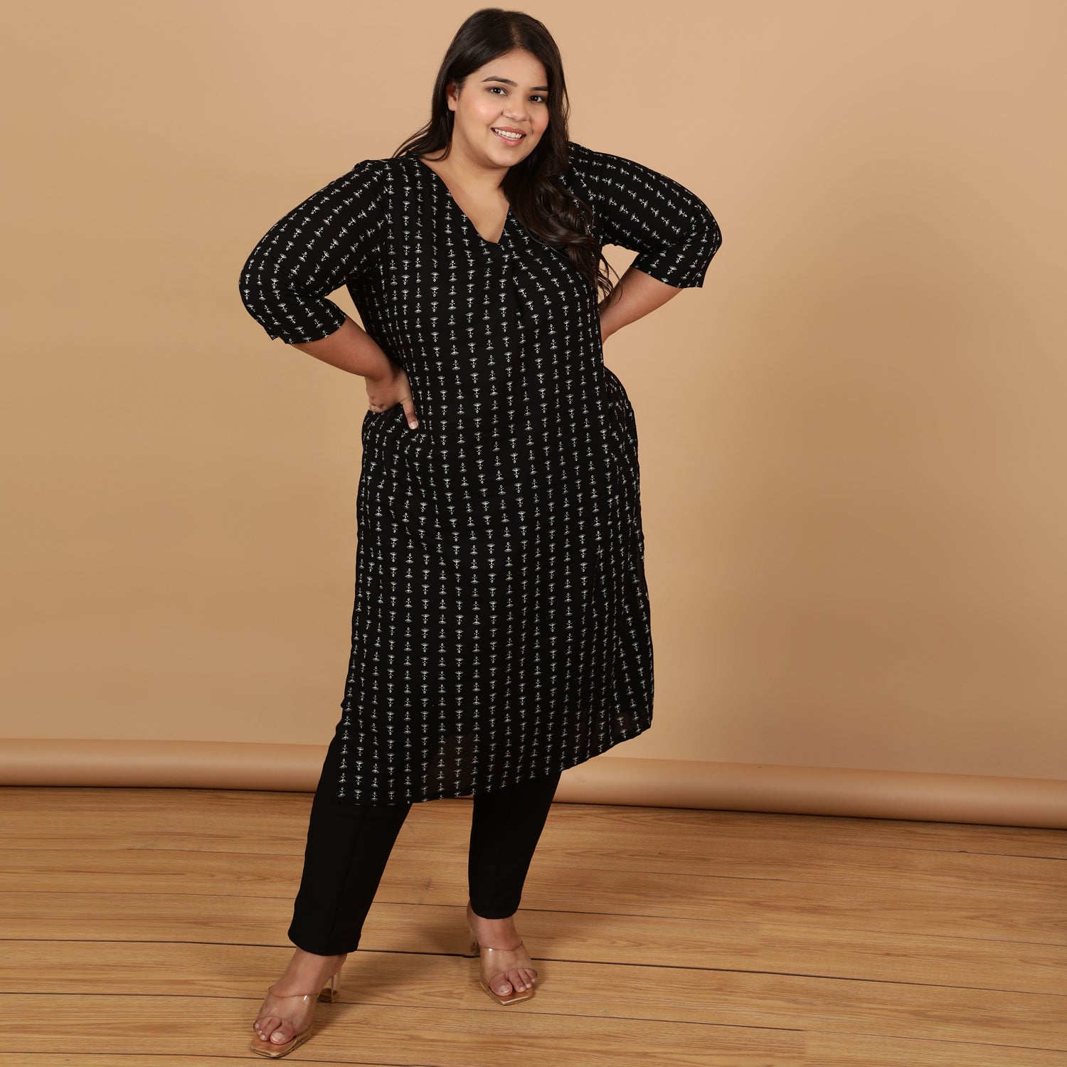 Black Linear Printed Cotton Kurta