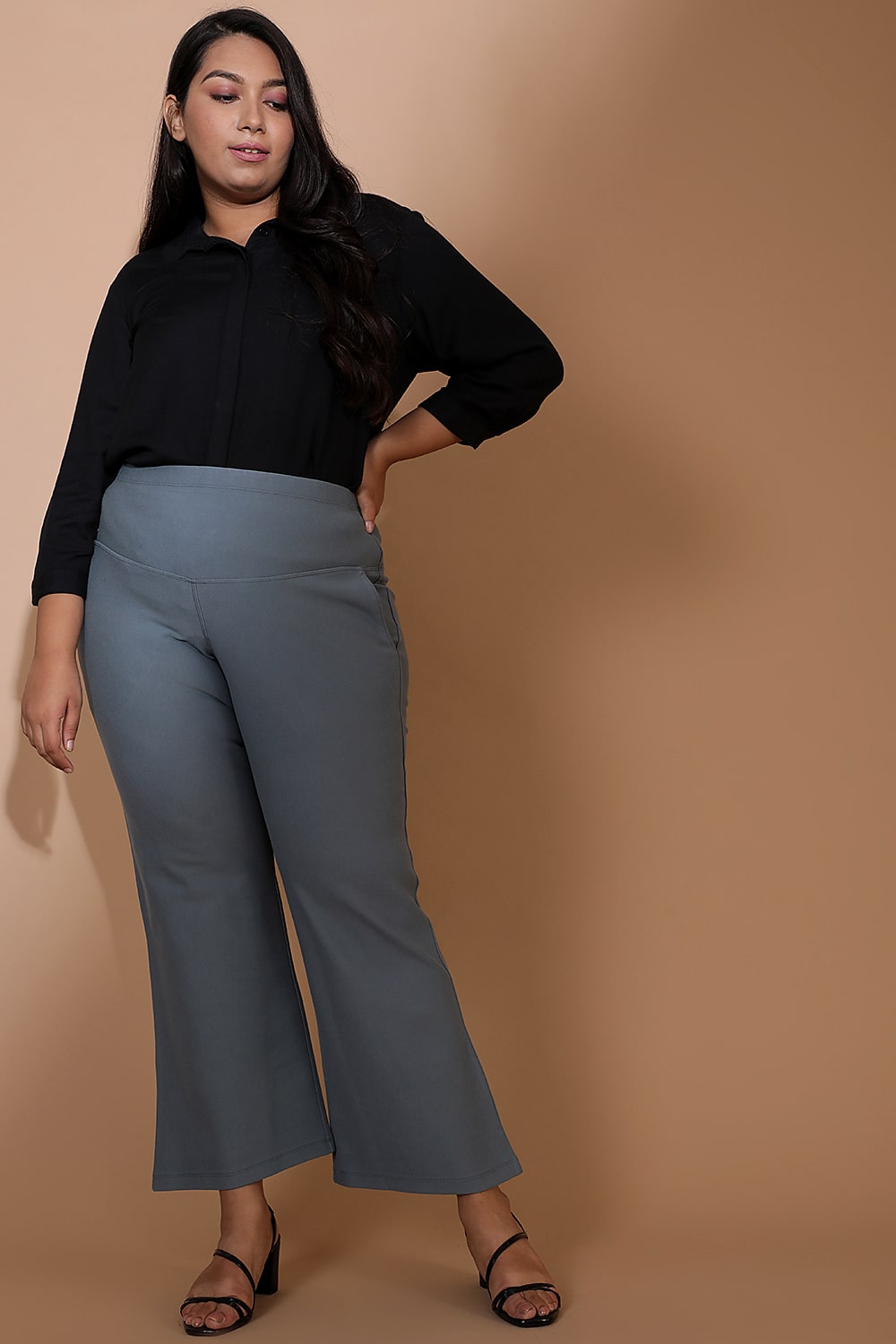 Buy Plus Size Mist Blue Tummy Shaper Flare Pants