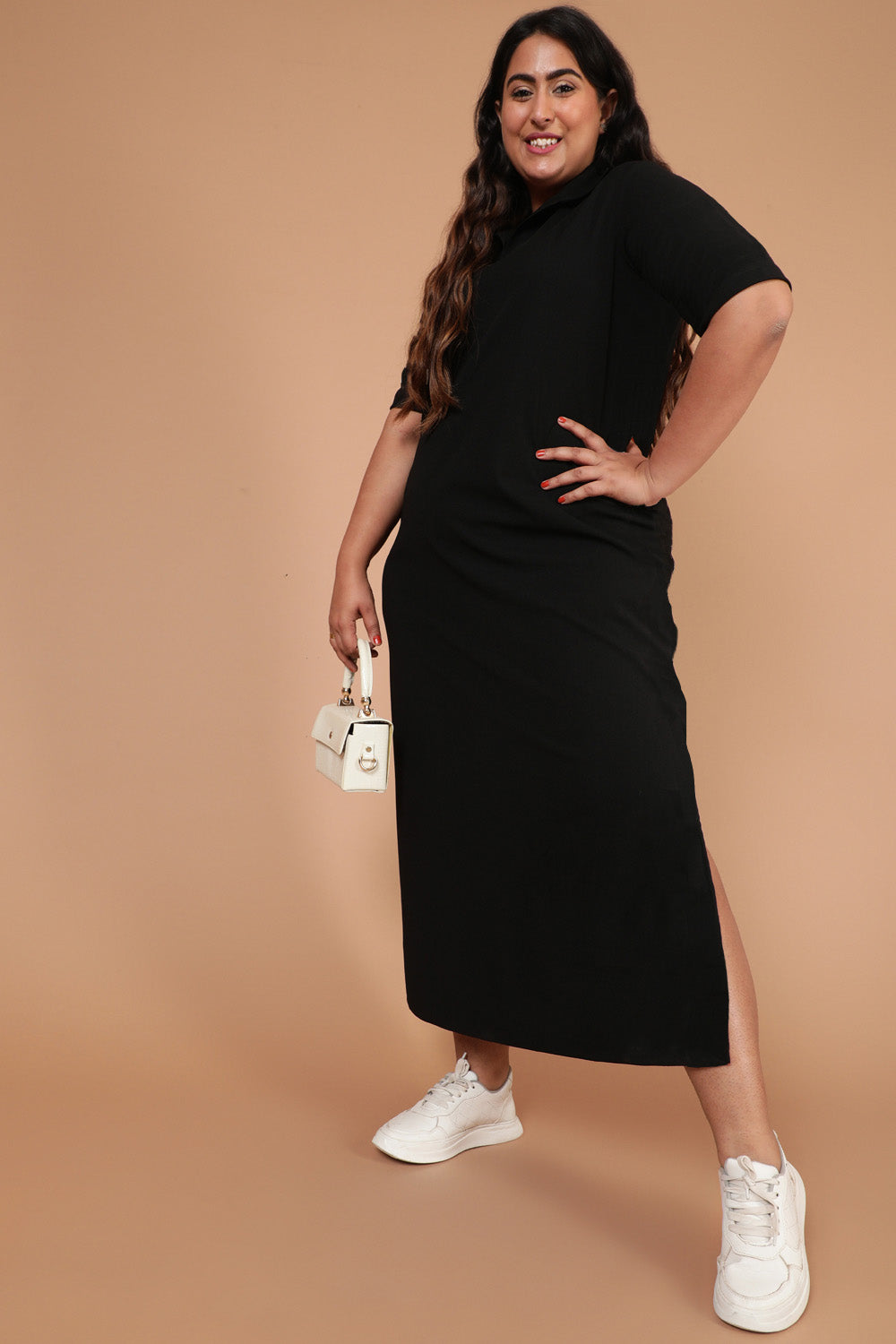 Buy Plus Size Black Side Slit Long Dress Online For Women