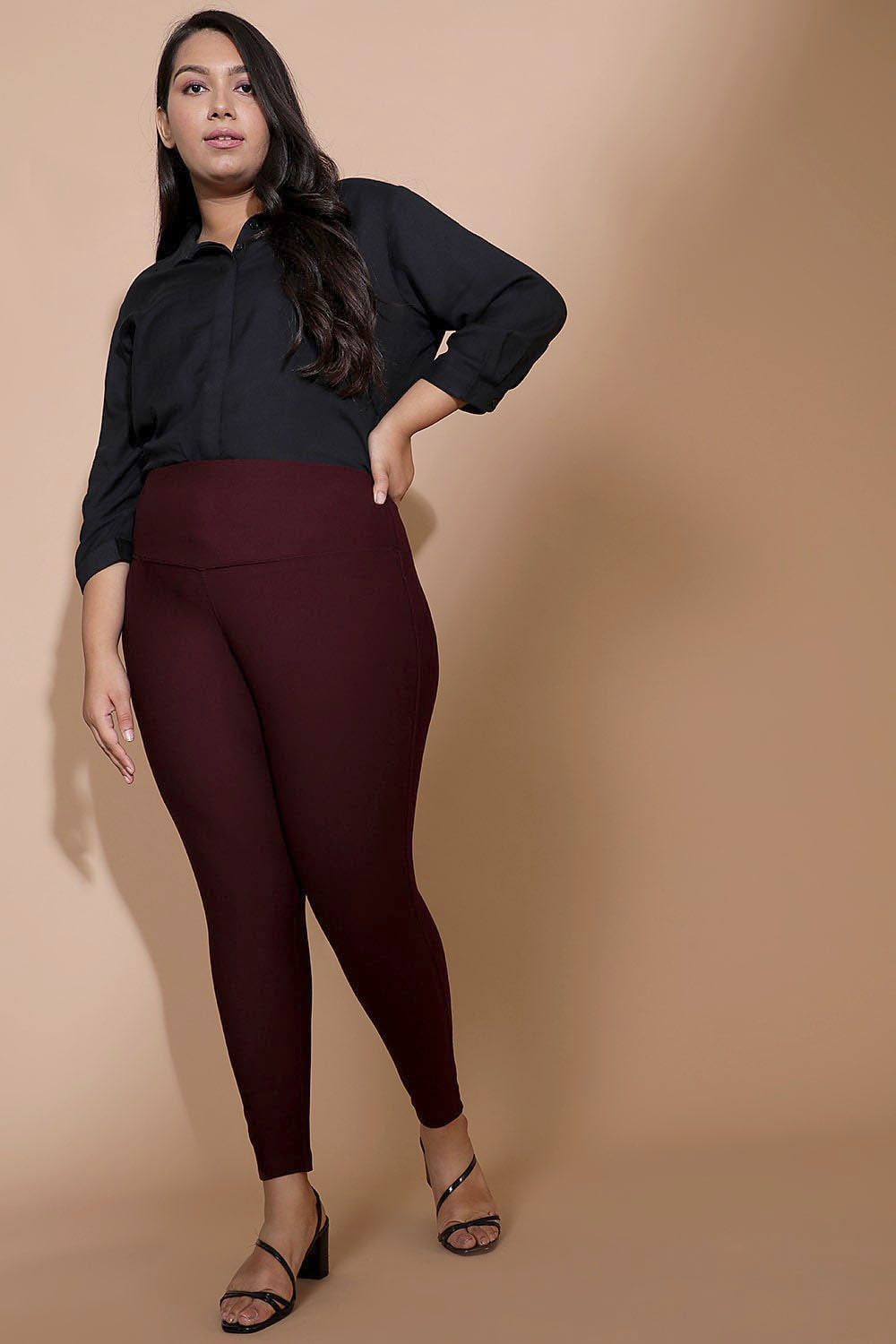 Plus Size Wine Red Tummy Tucker Jeggings Online in India