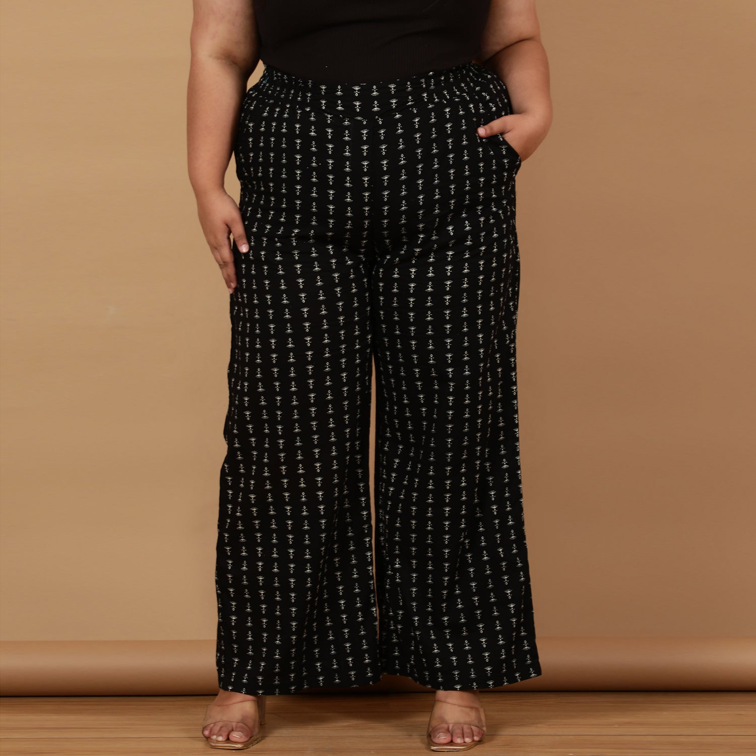 Black Linear Printed Cotton High Waist Pants