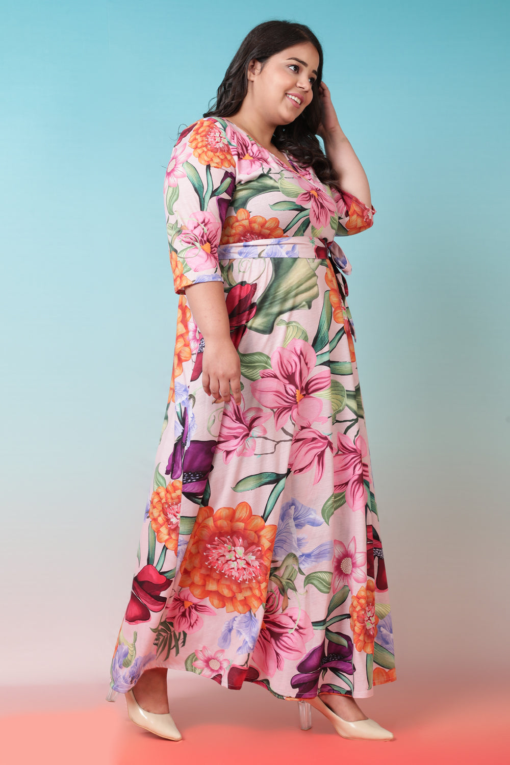 Buy Florals in Peaches True Wrap Maxi Dress