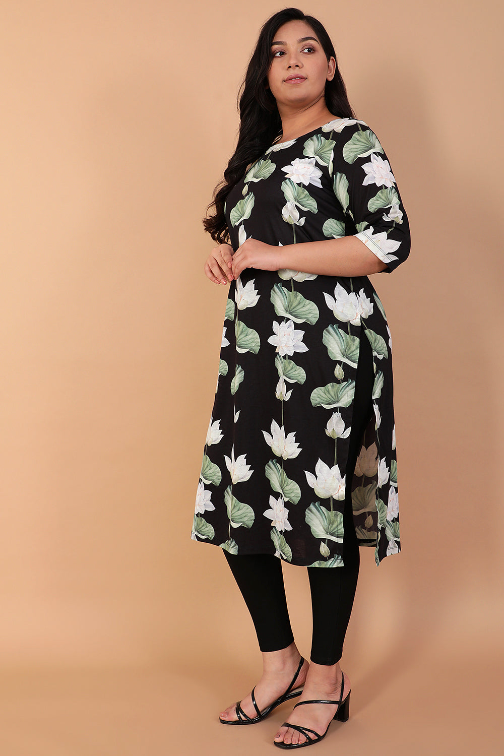 White Lotus Black Printed Kurta