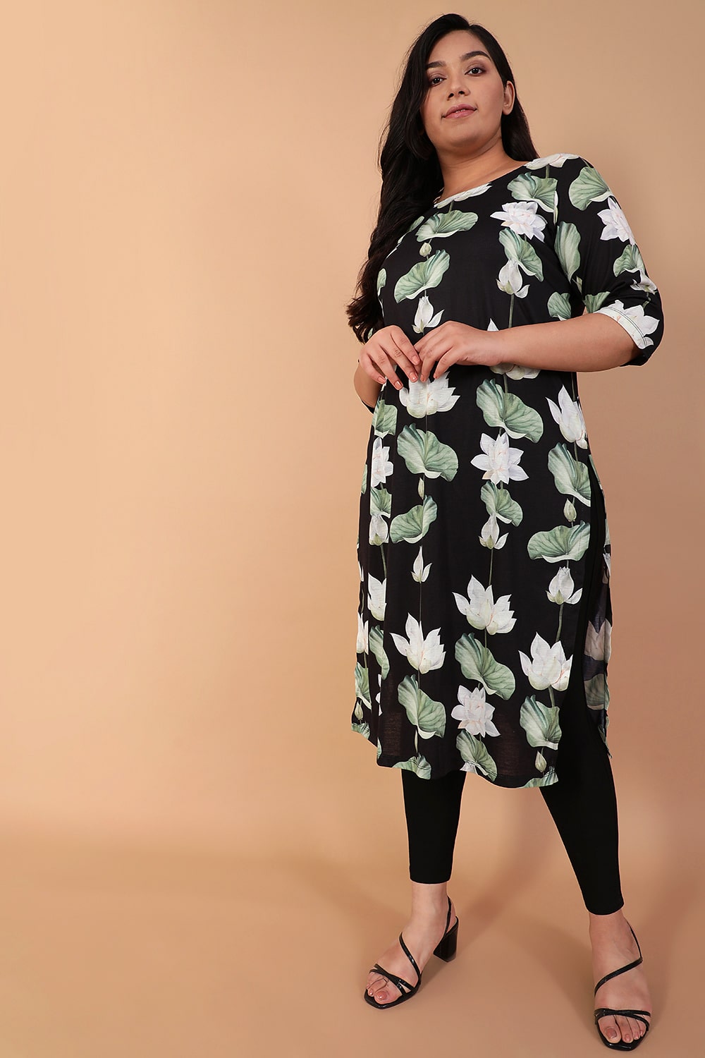 White Lotus Black Printed Kurta