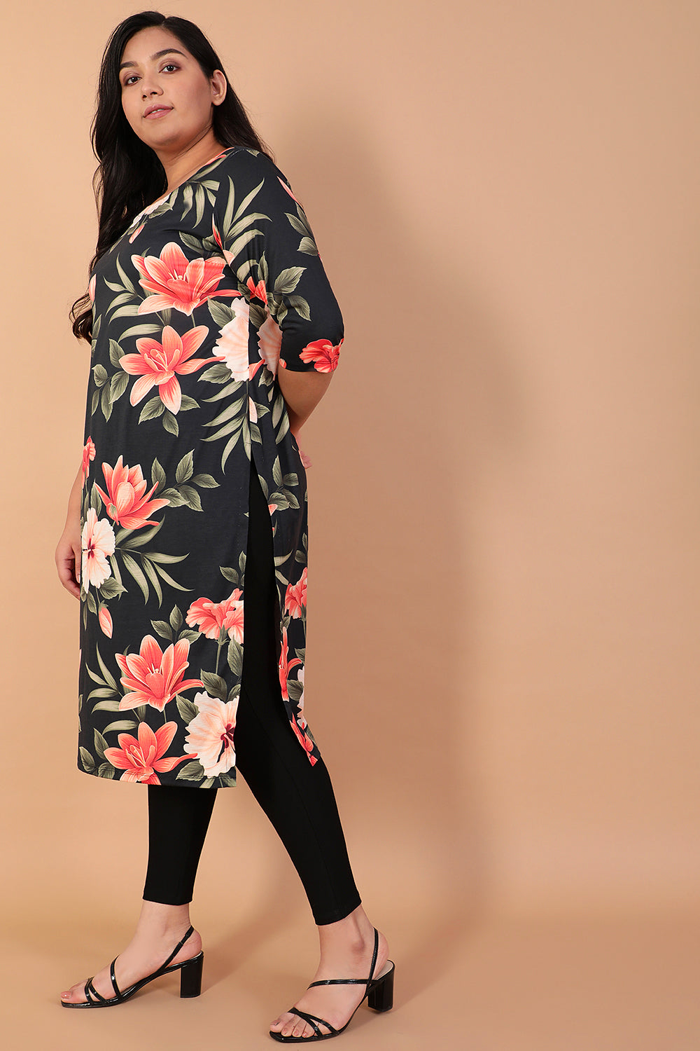 Plus Size Black Floral Printed Kurti