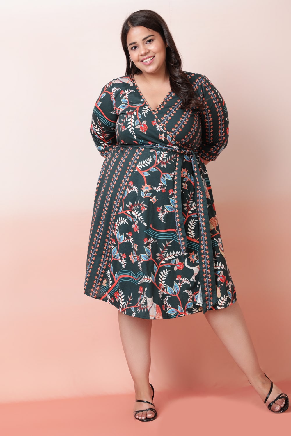 Green Ethnic Printed True Wrap Dress