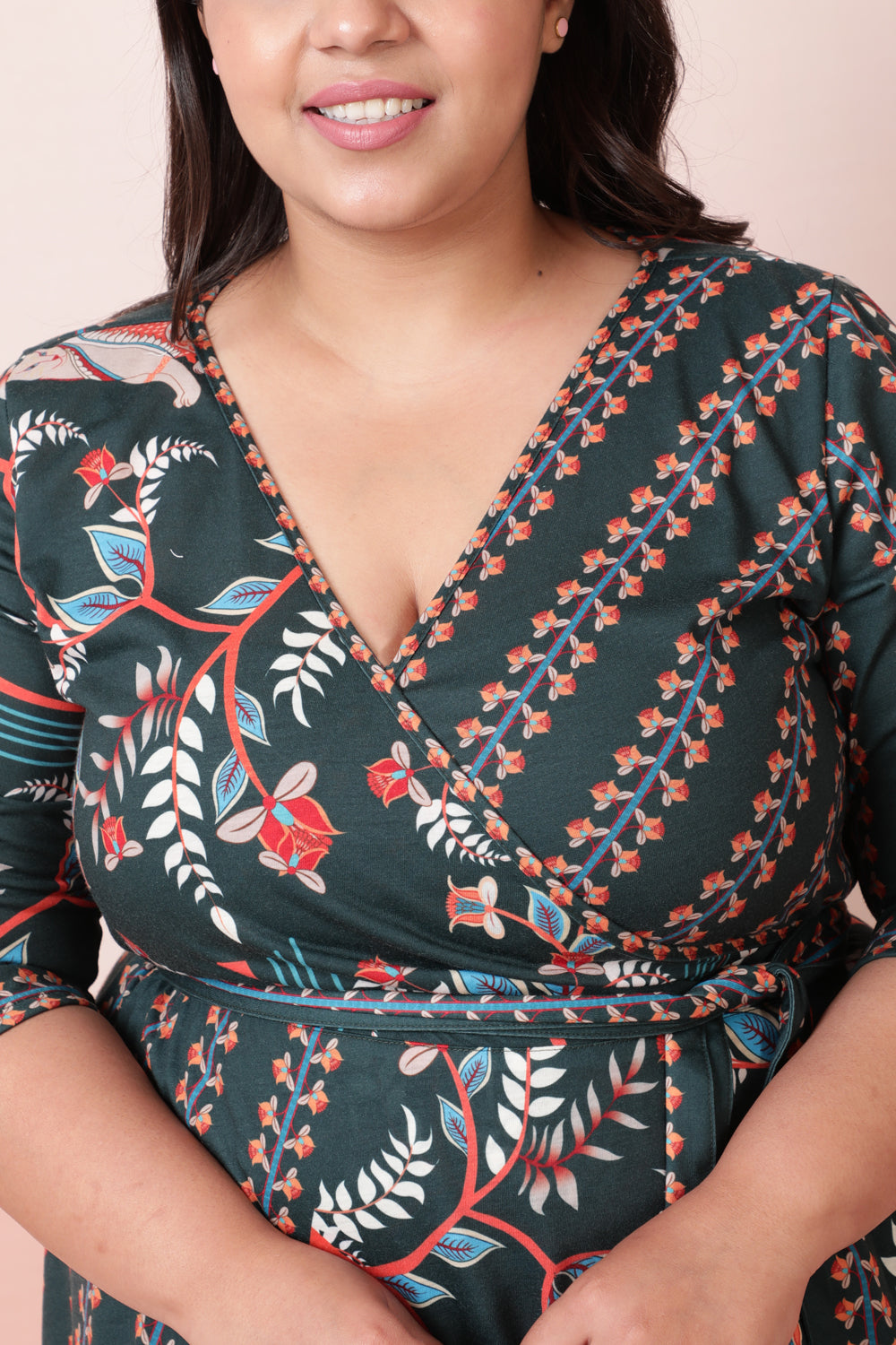 Green Ethnic Printed True Wrap Dress