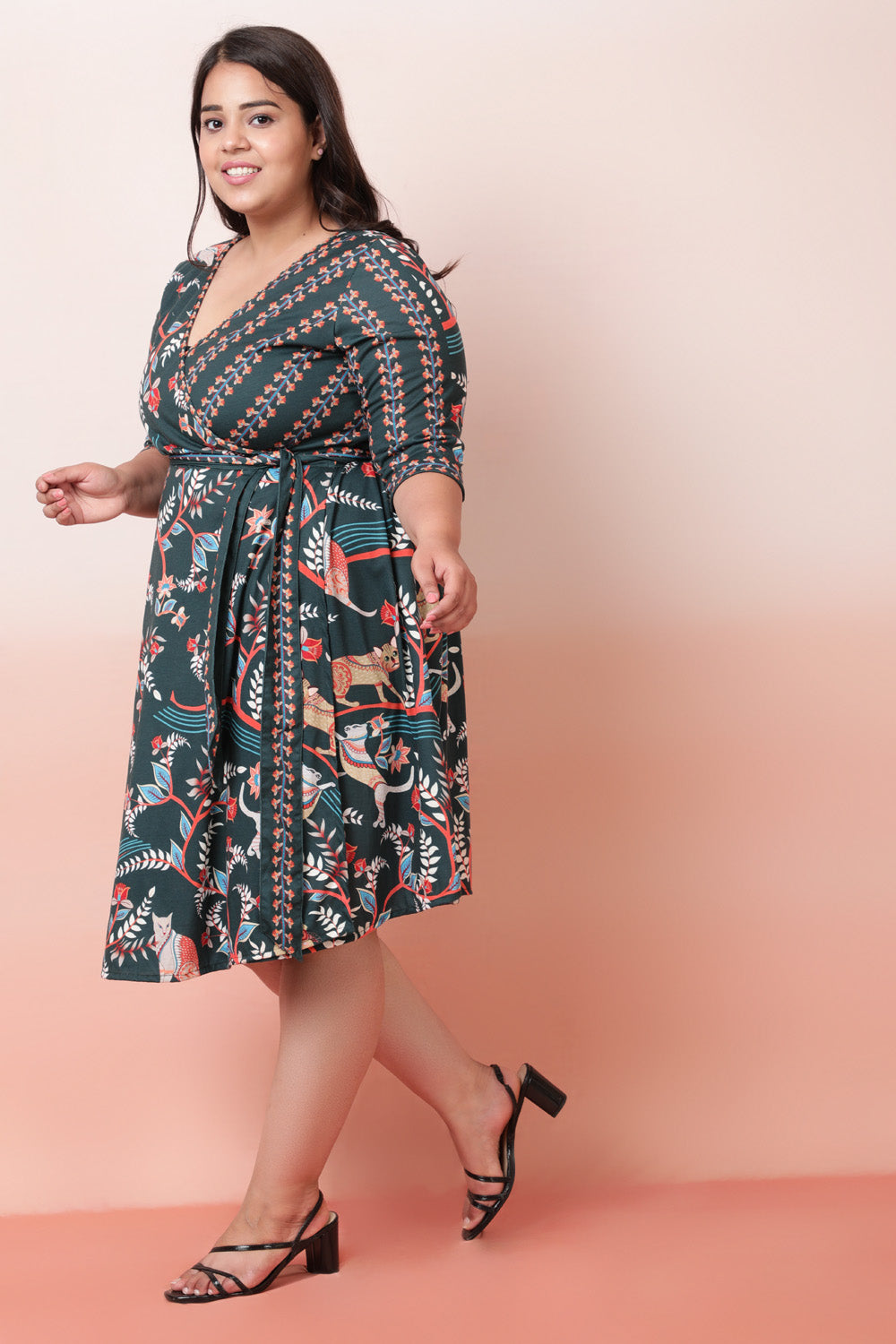 Green Ethnic Printed True Wrap Dress