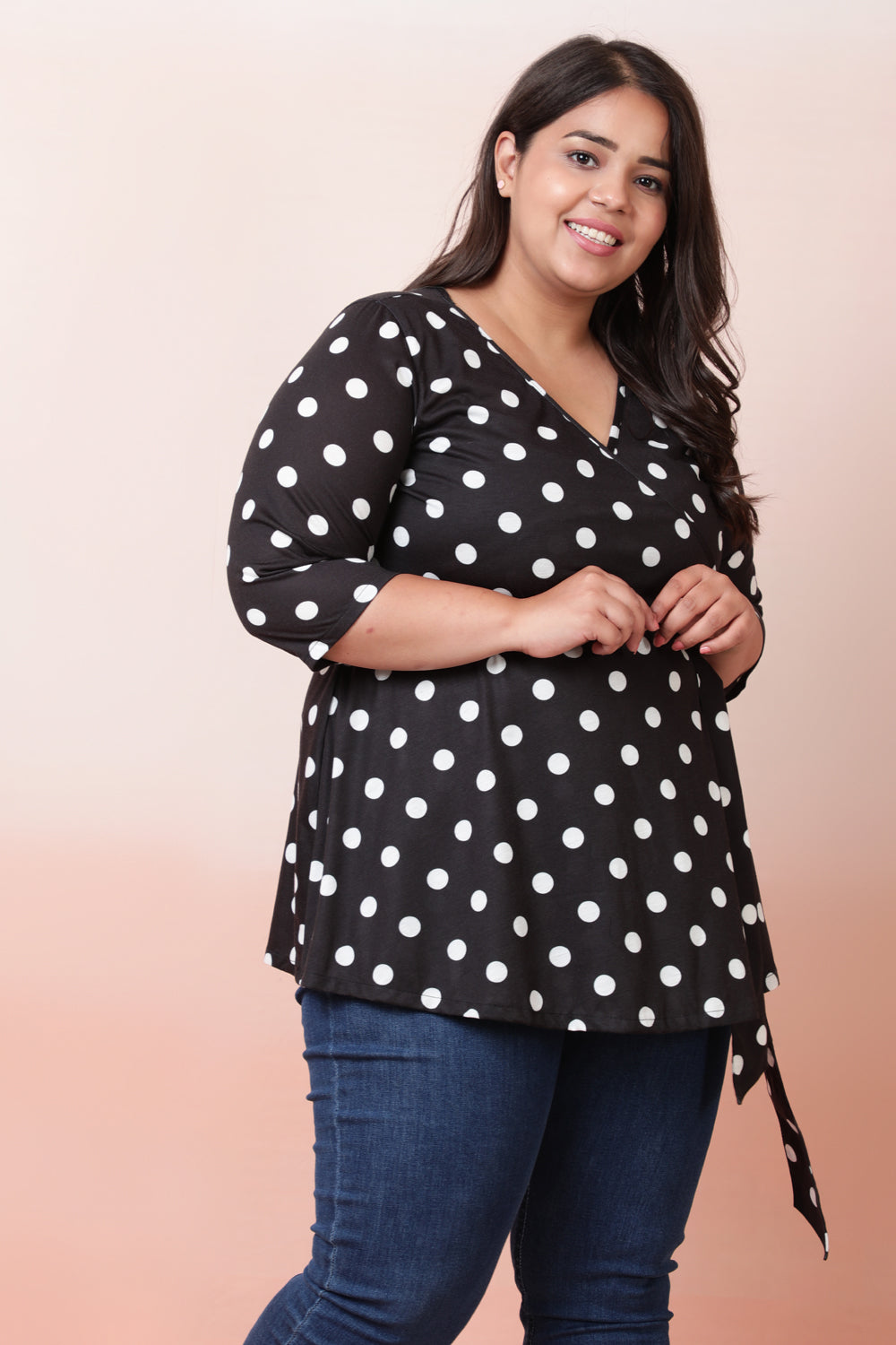 Black White Polka Wrap Top