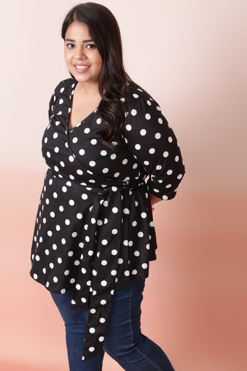 Black White Polka Wrap Top