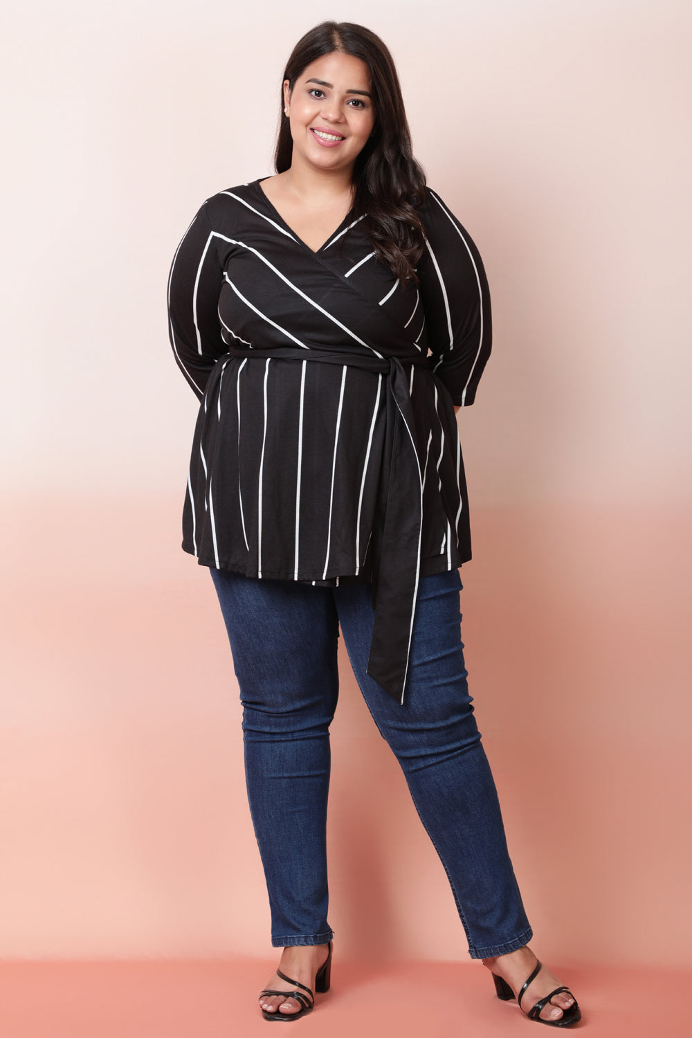 Black White Stripe Wrap Top for Women