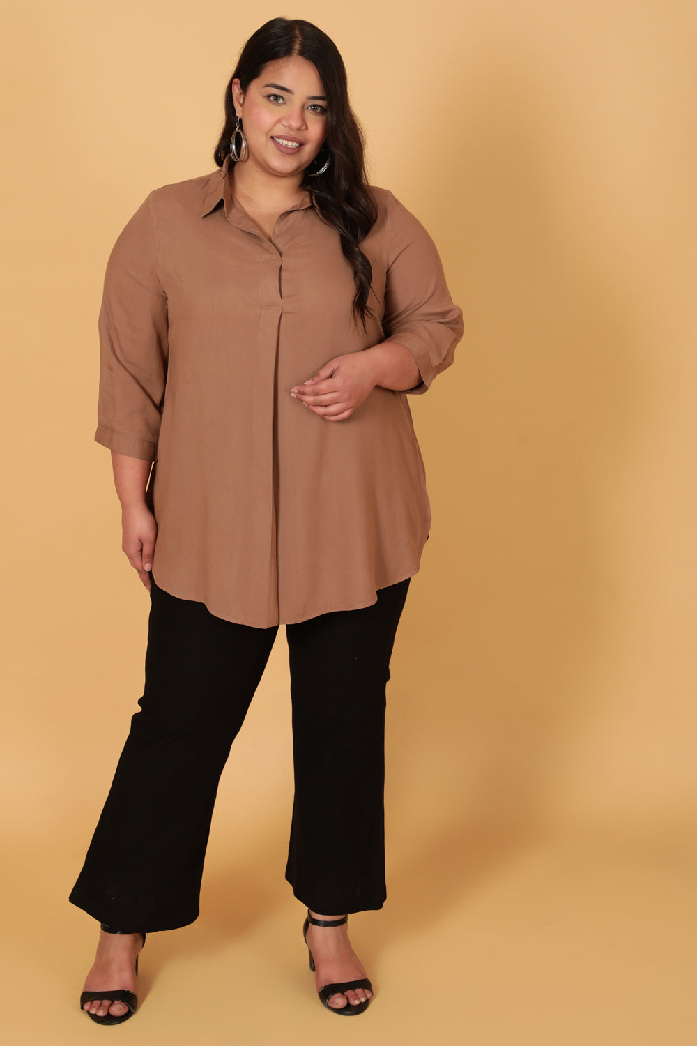 Brown Grey Centre Pleat Top
