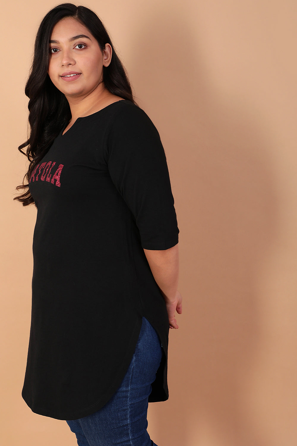 Plus Size Patola Black Longline Tshirt