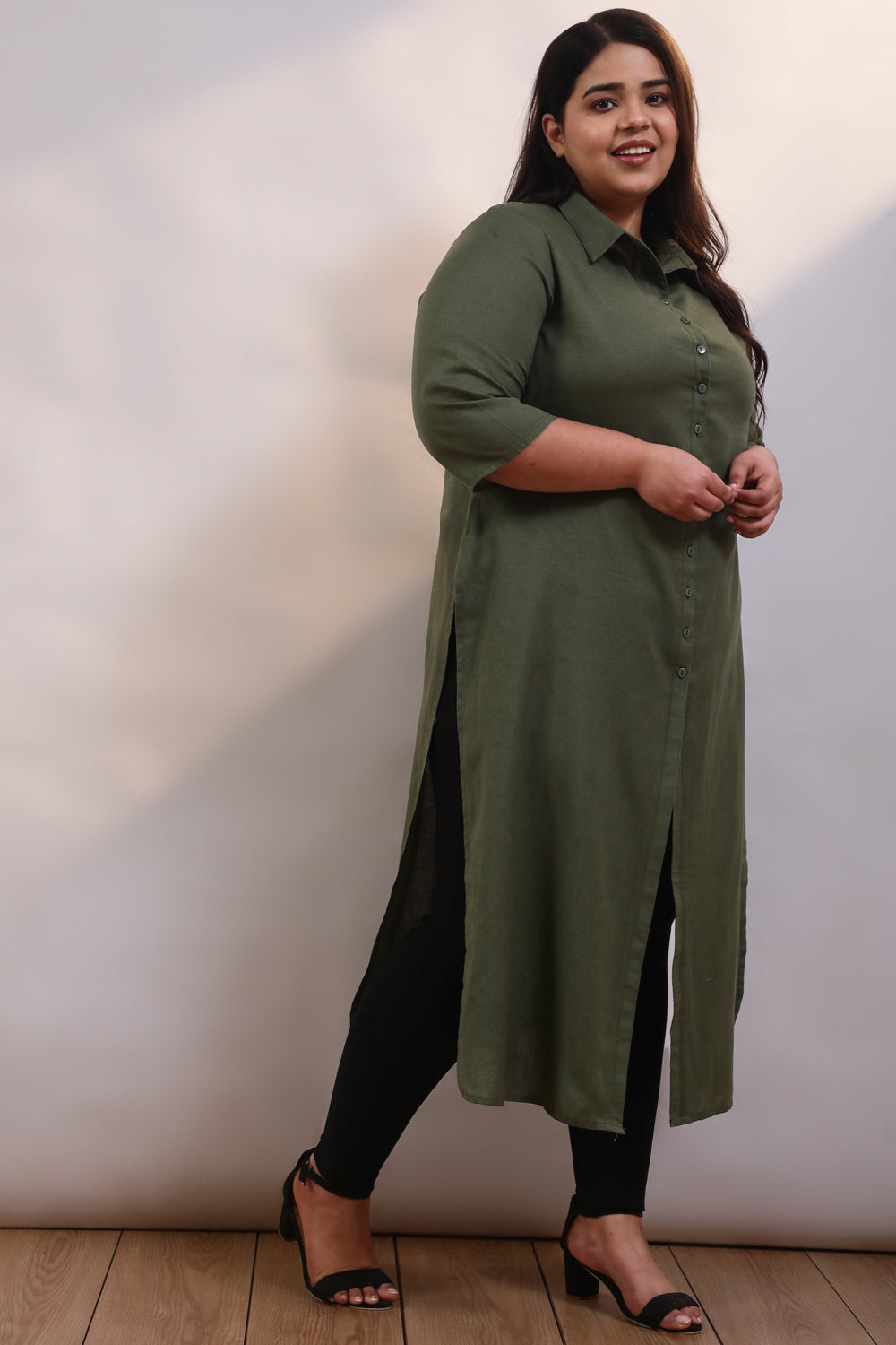 Olive Cotton Linen Kurta Shrug for Women
