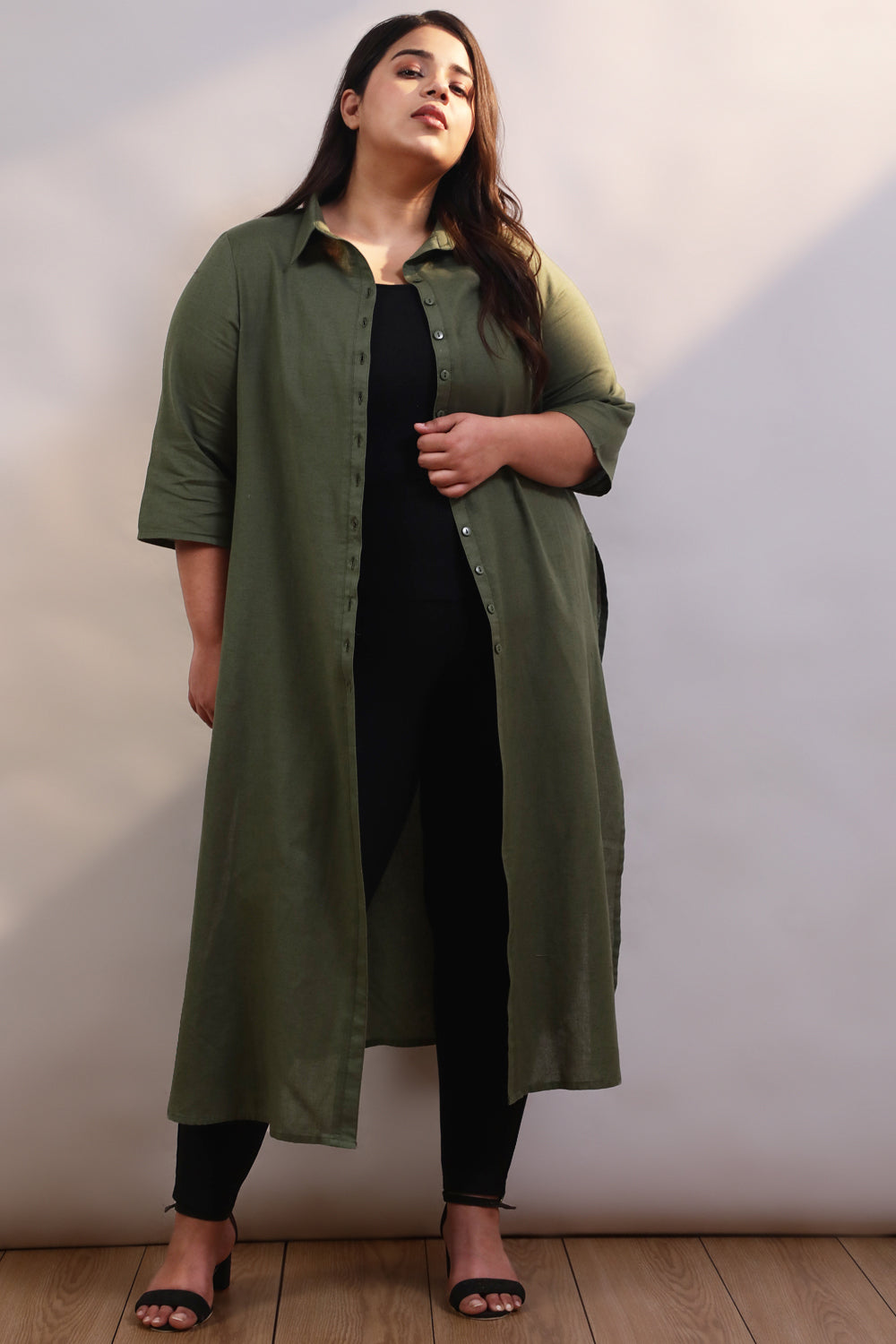 Plus Size Olive Cotton Linen Kurta Shrug