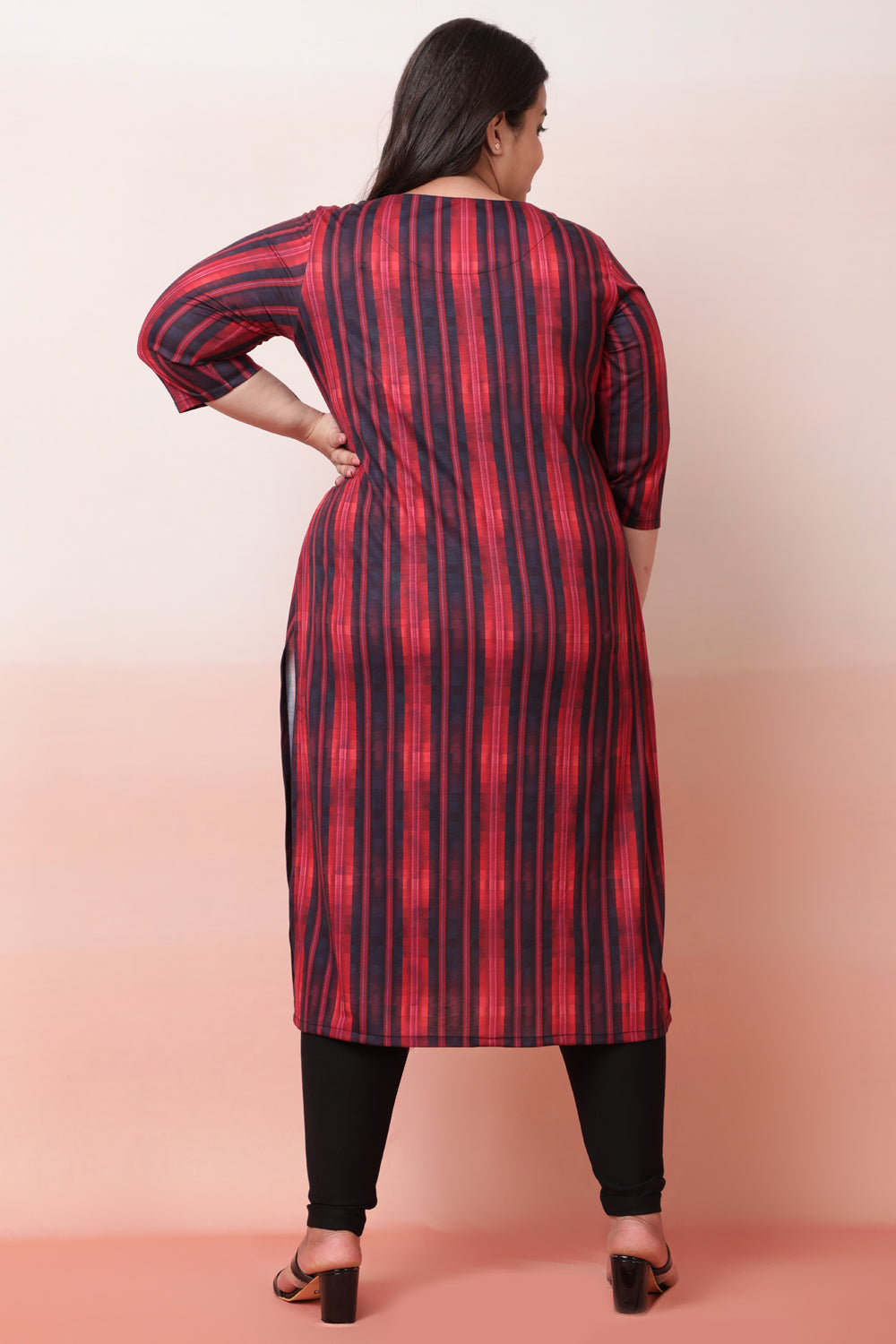 Red Black Linear Pattern Kurta for Women