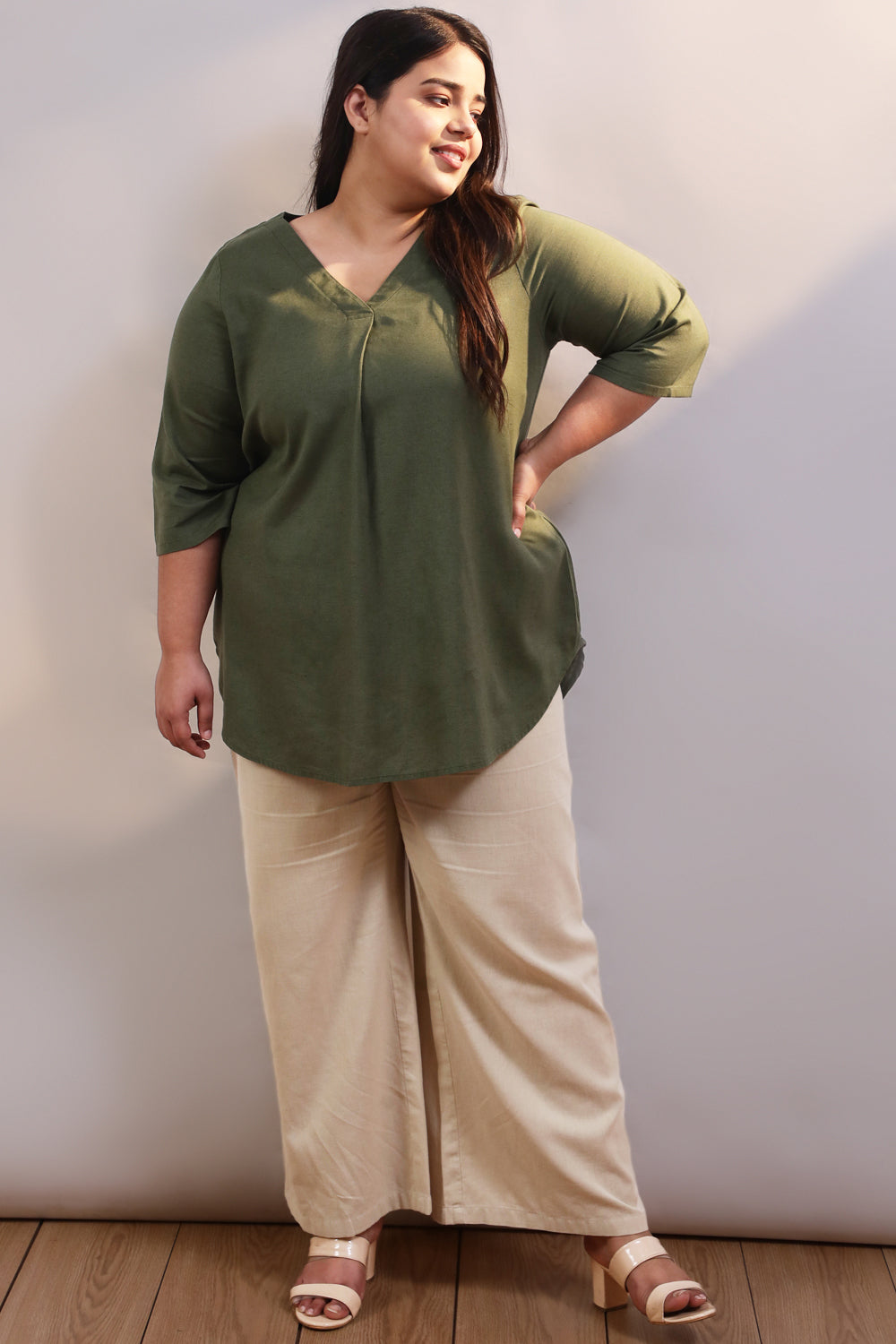 Buy Olive Cotton Linen Centre Pleat Top