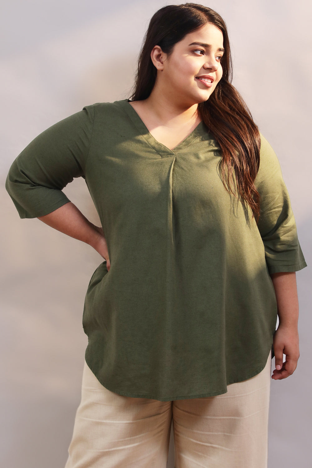 Olive Cotton Linen Centre Pleat Top