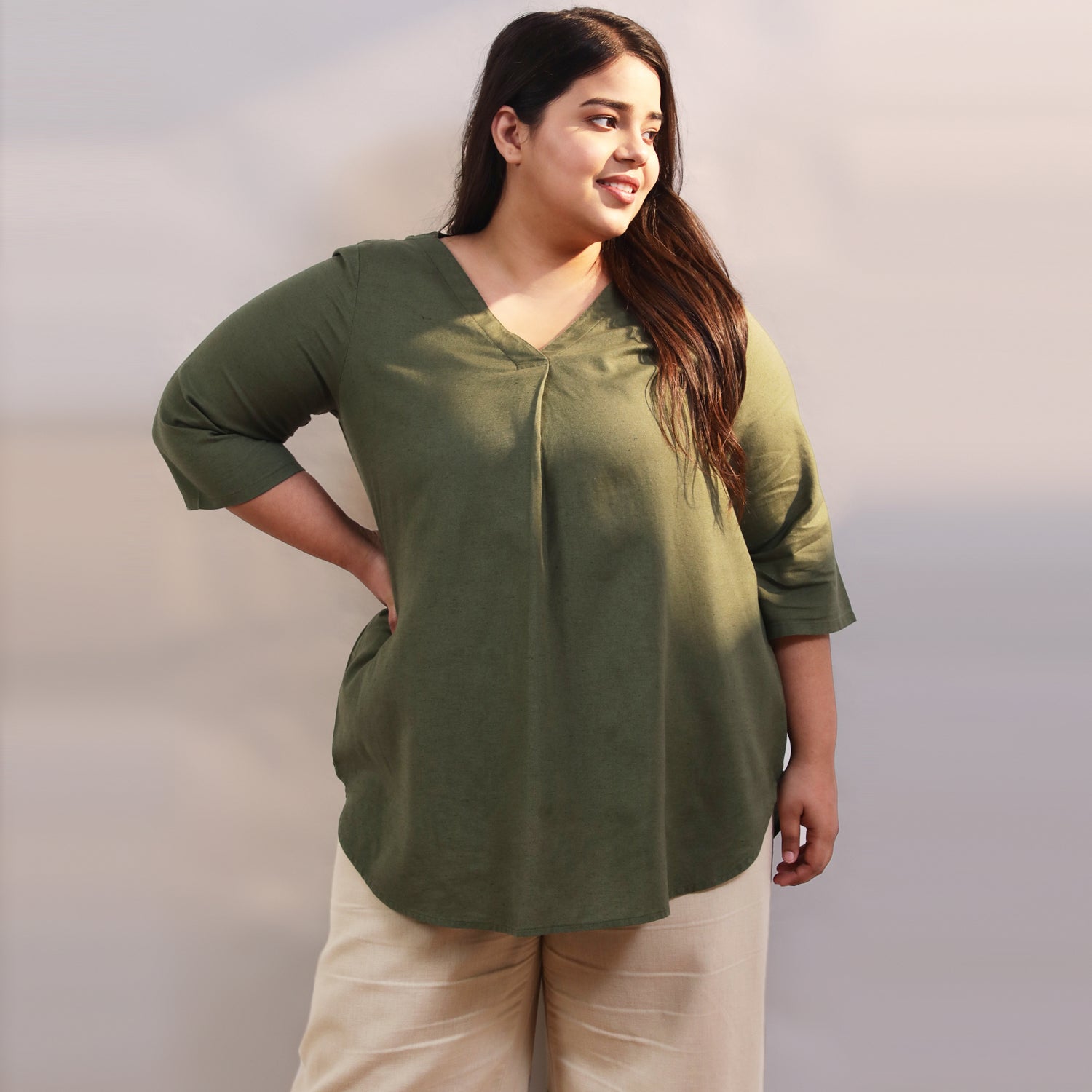 Olive Cotton Linen Centre Pleat Top