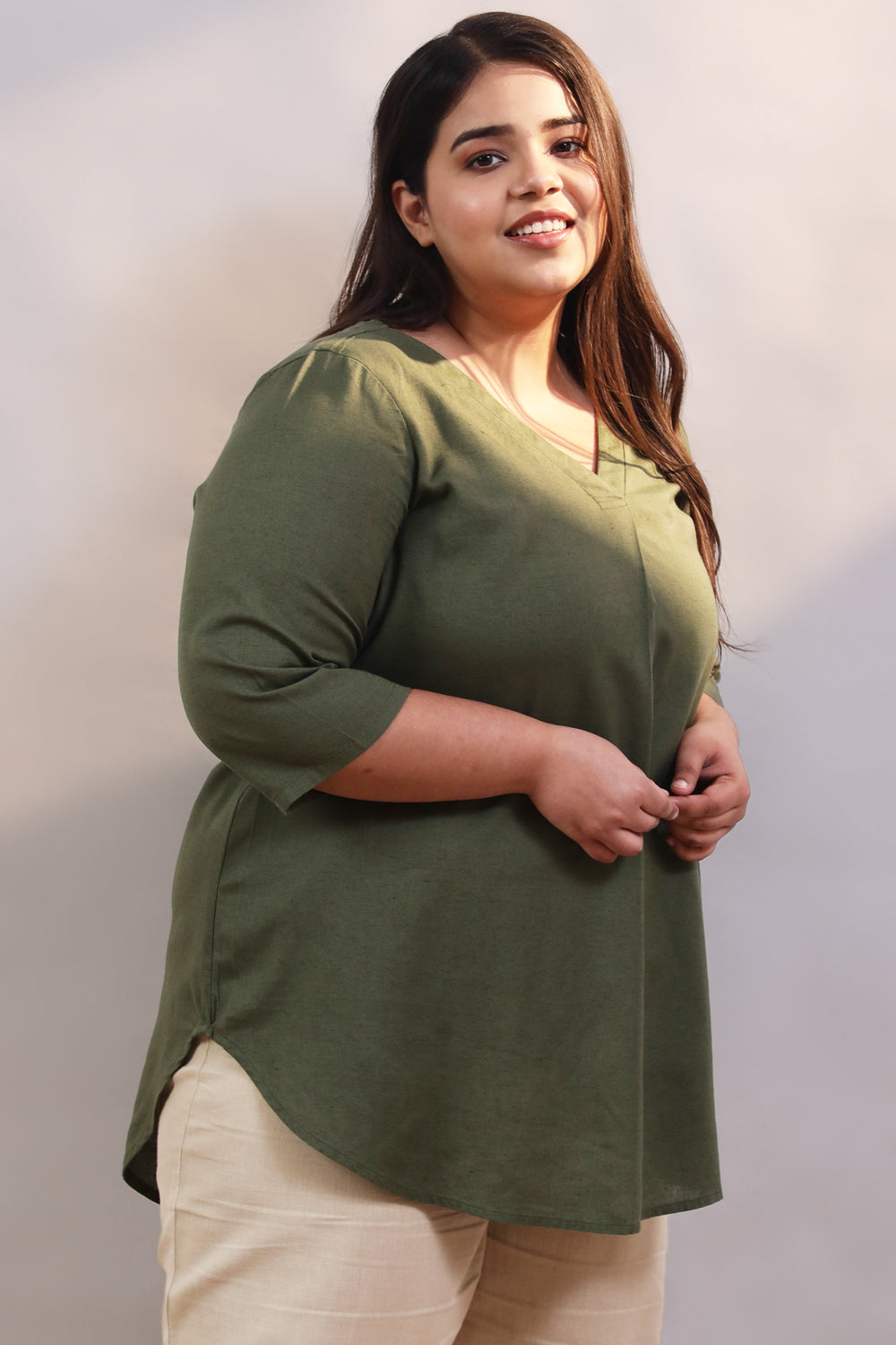 Olive Cotton Linen Centre Pleat Top for Women
