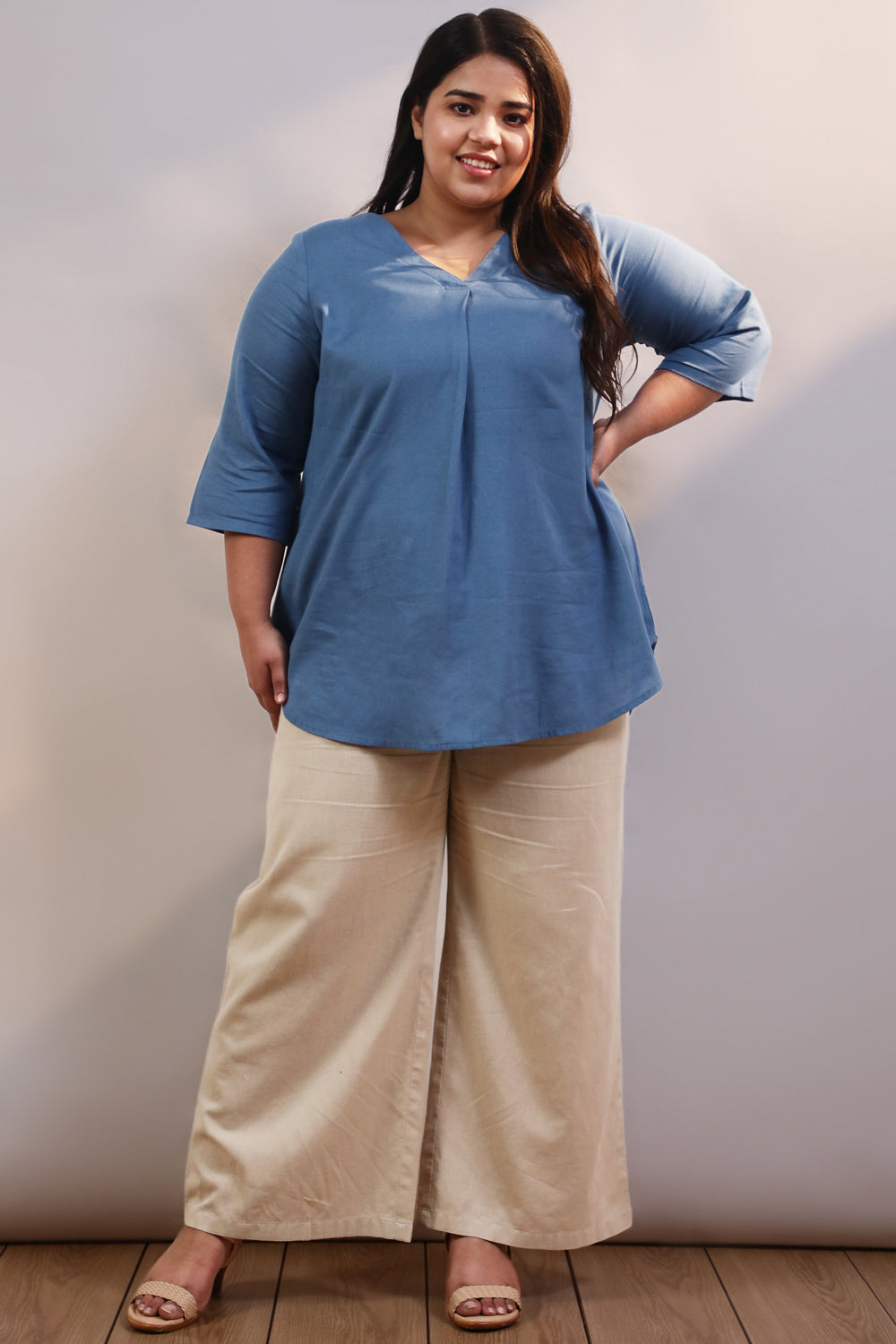 Plus Size Blue Cotton Linen Centre Pleat Top