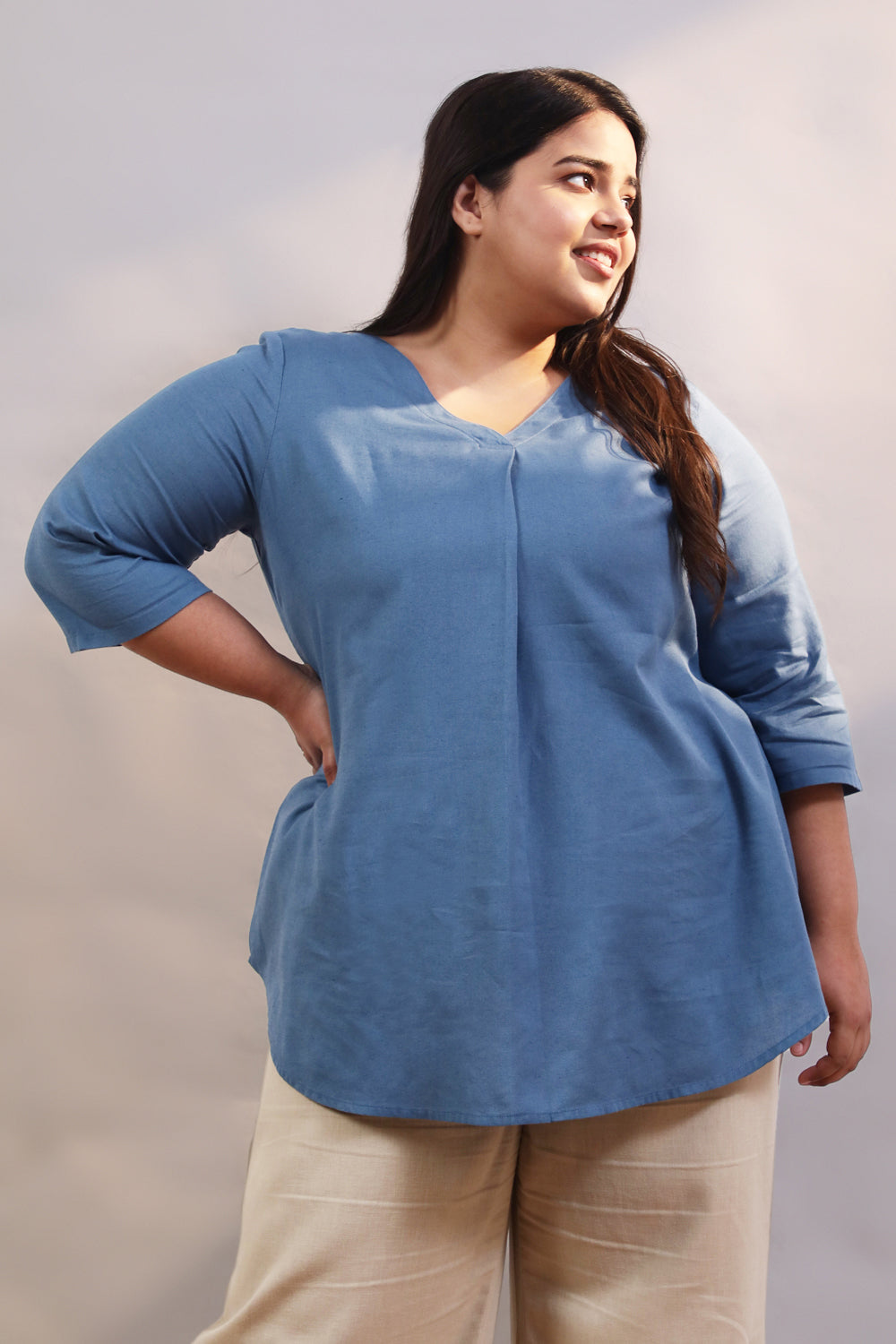 Buy Blue Cotton Linen Centre Pleat Top