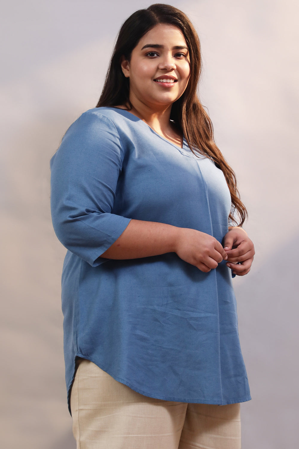 Blue Cotton Linen Centre Pleat Top for Women