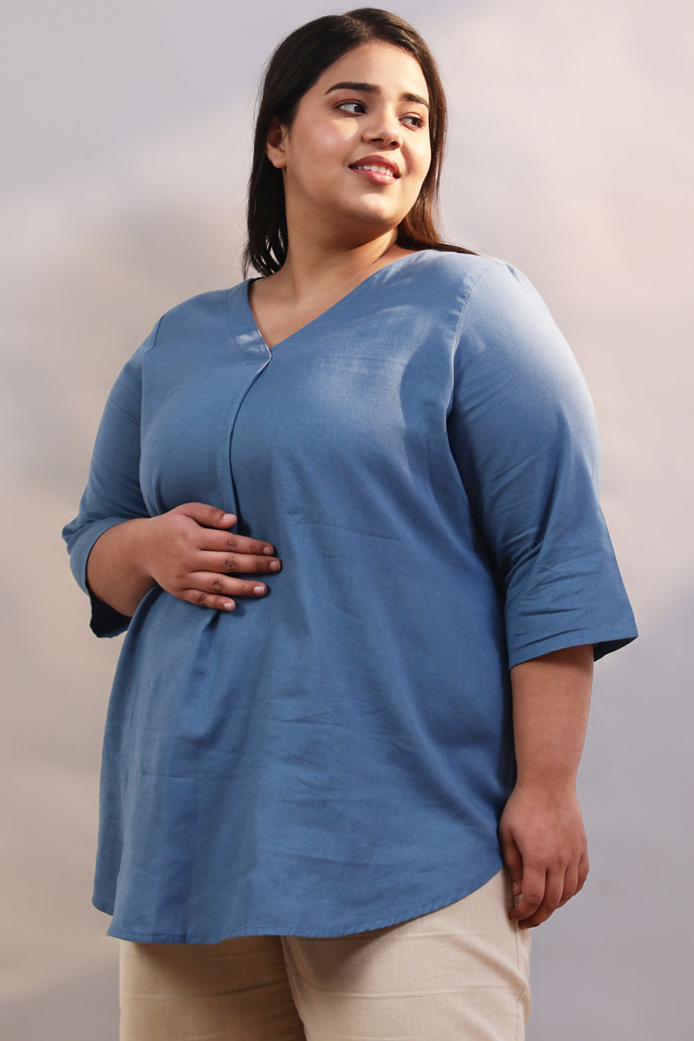 Comfortable Blue Cotton Linen Centre Pleat Top