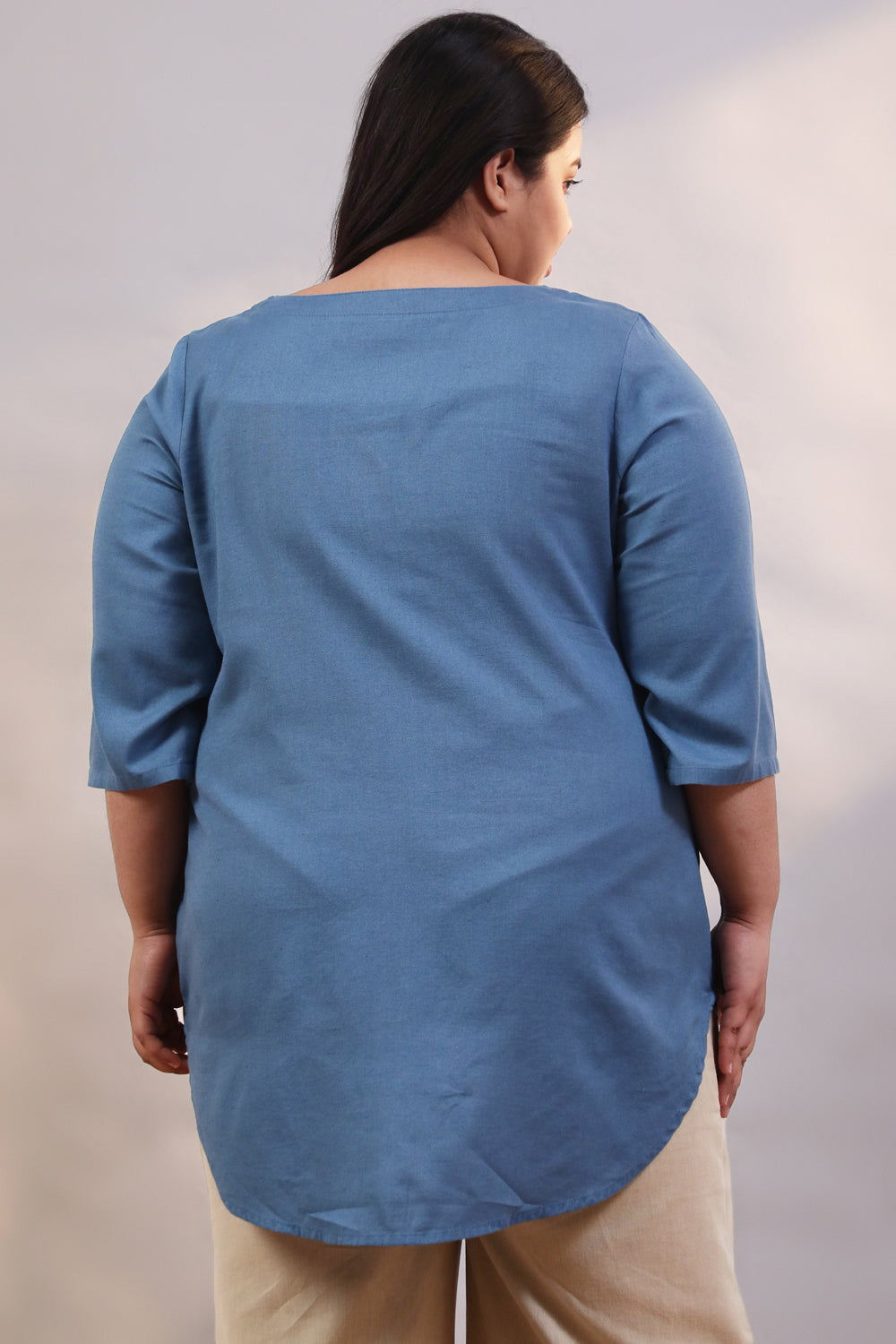 Blue Cotton Linen Centre Pleat Top