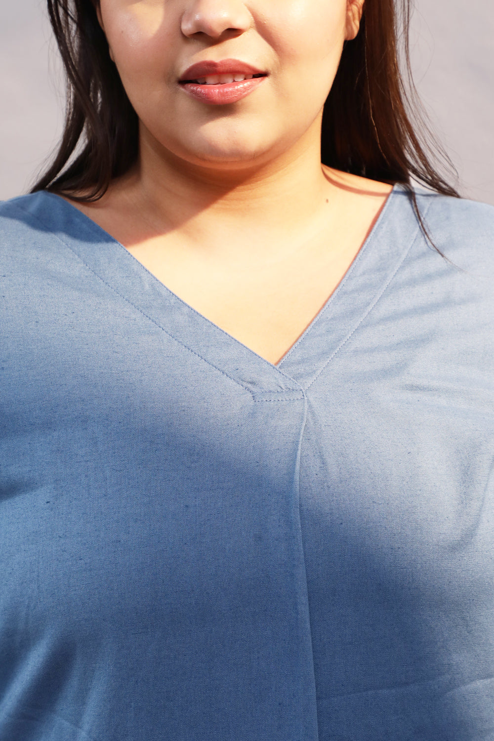 Blue Cotton Linen Centre Pleat Top