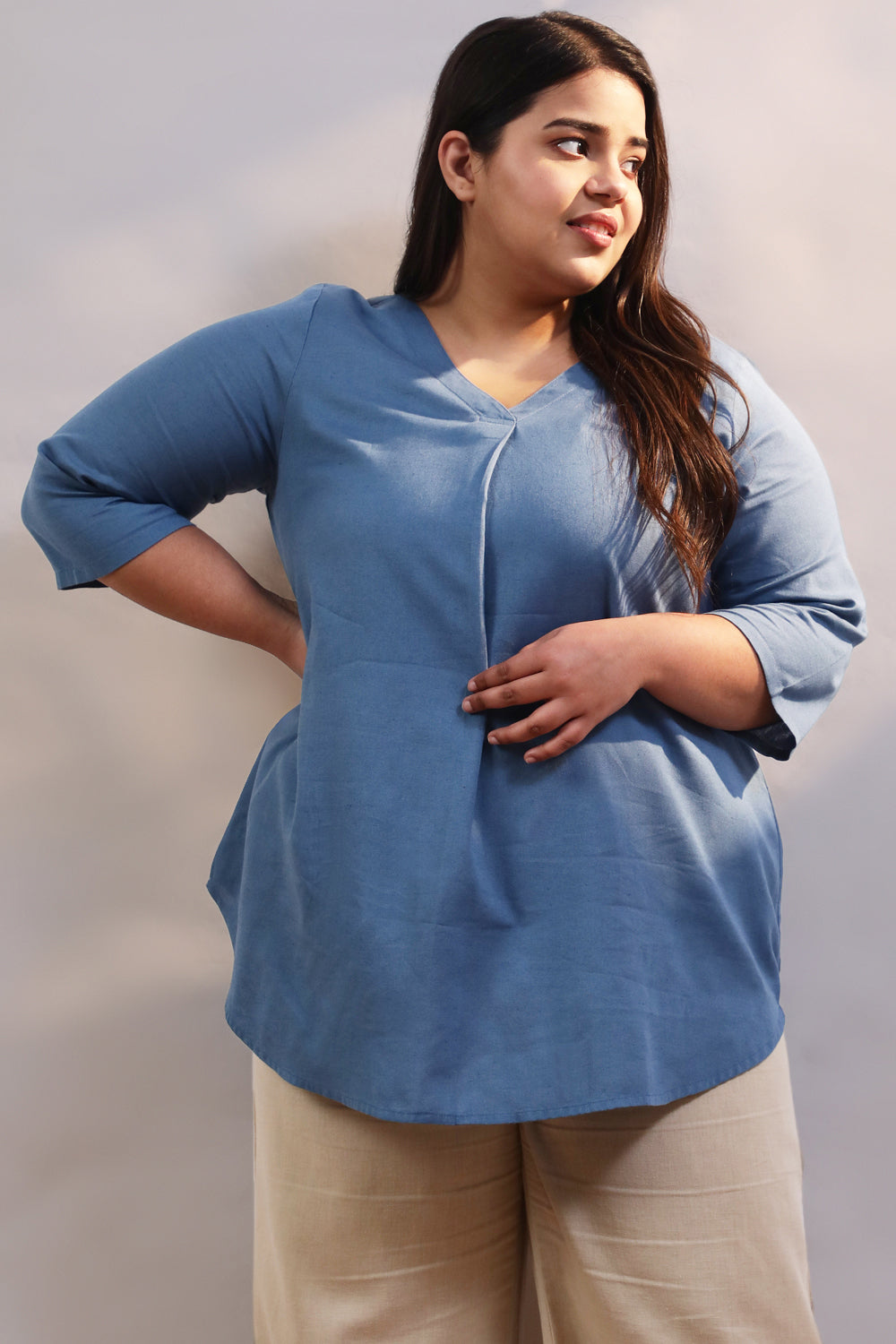 Blue Cotton Linen Centre Pleat Top