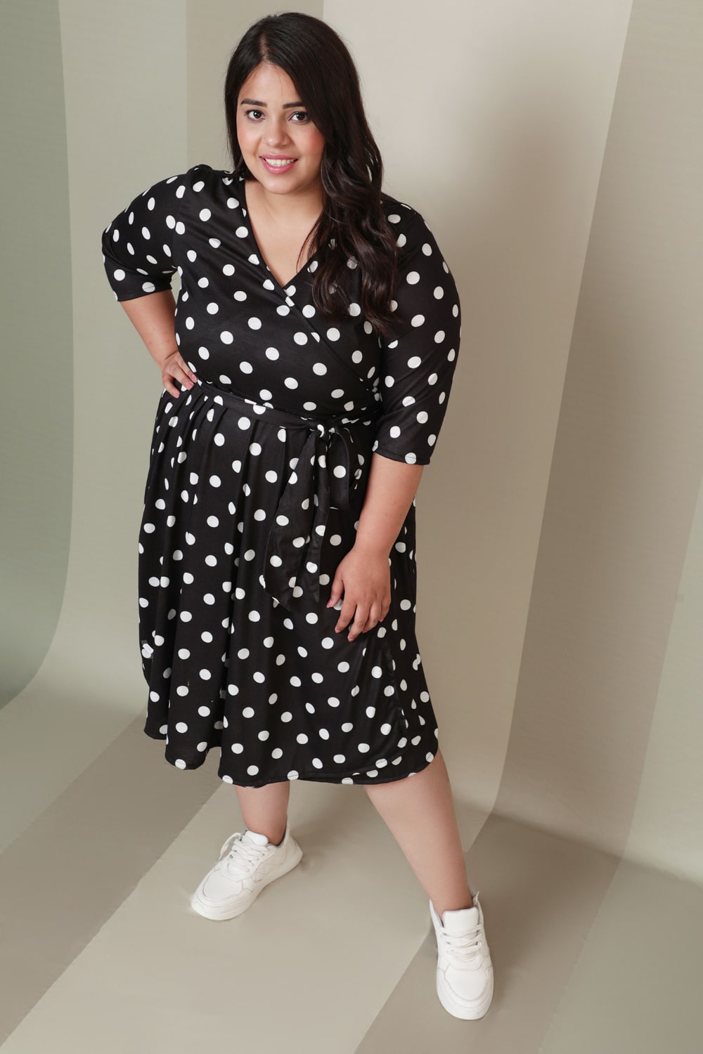 black white polka dot dress plus size Plus Size Polka Dot Mesh Midi Dress (Women)