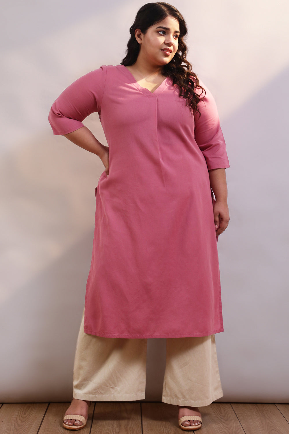 Pink Cotton Linen V Neck Centre Pleat Kurti