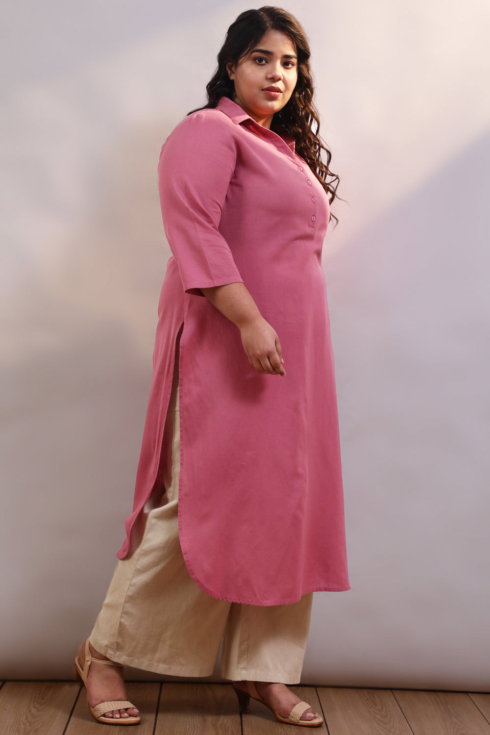 Buy Plus Size Pink Cotton Linen Collar Kurta