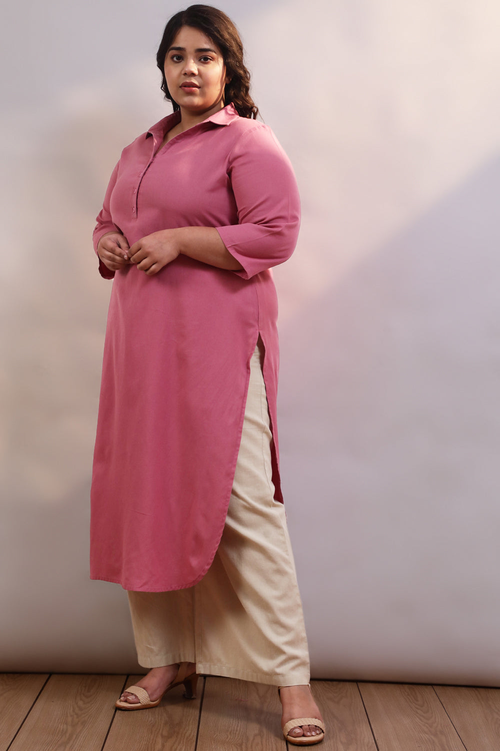Plus Size Plus Size Pink Cotton Linen Collar Kurta