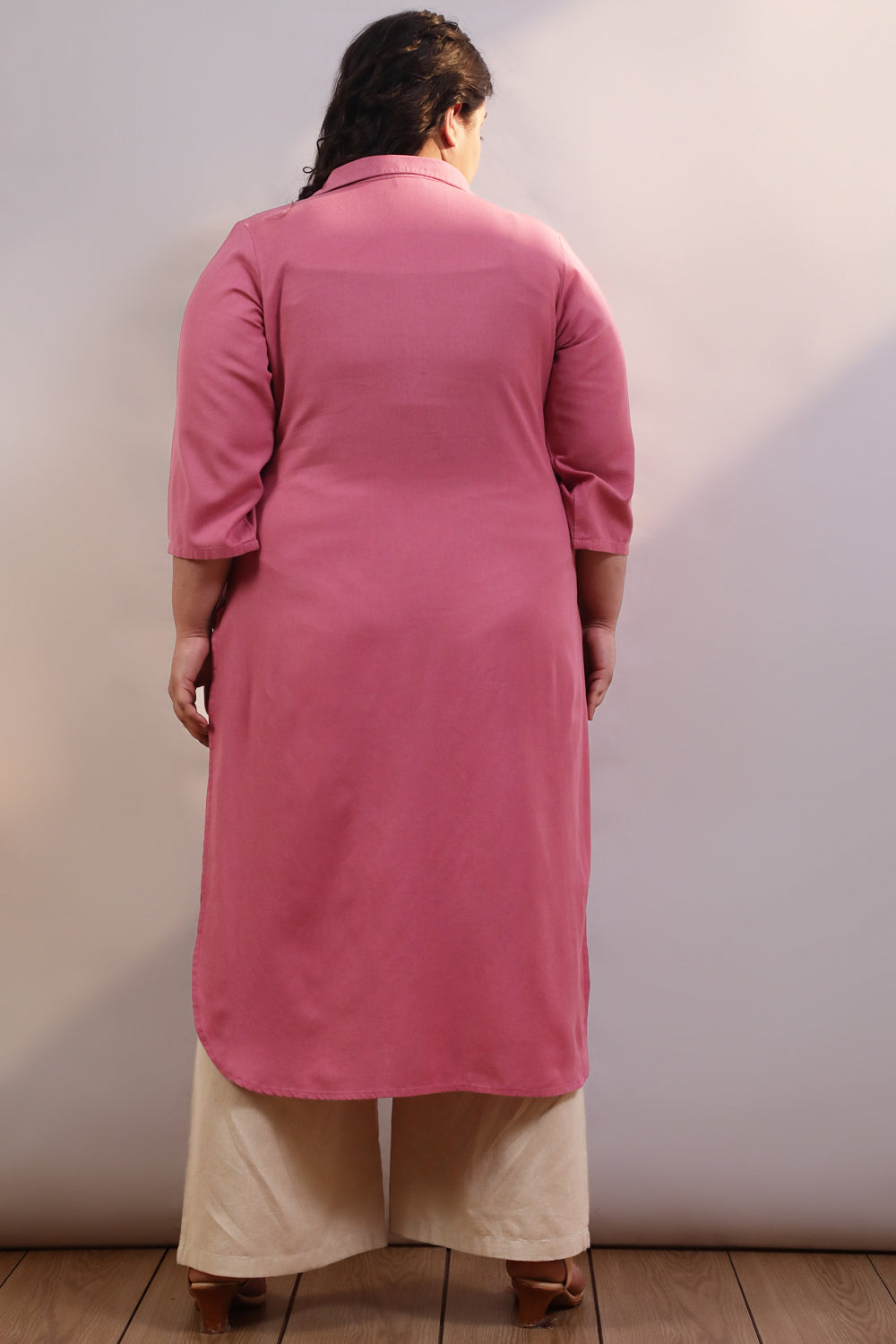 Comfortable Plus Size Pink Cotton Linen Collar Kurta