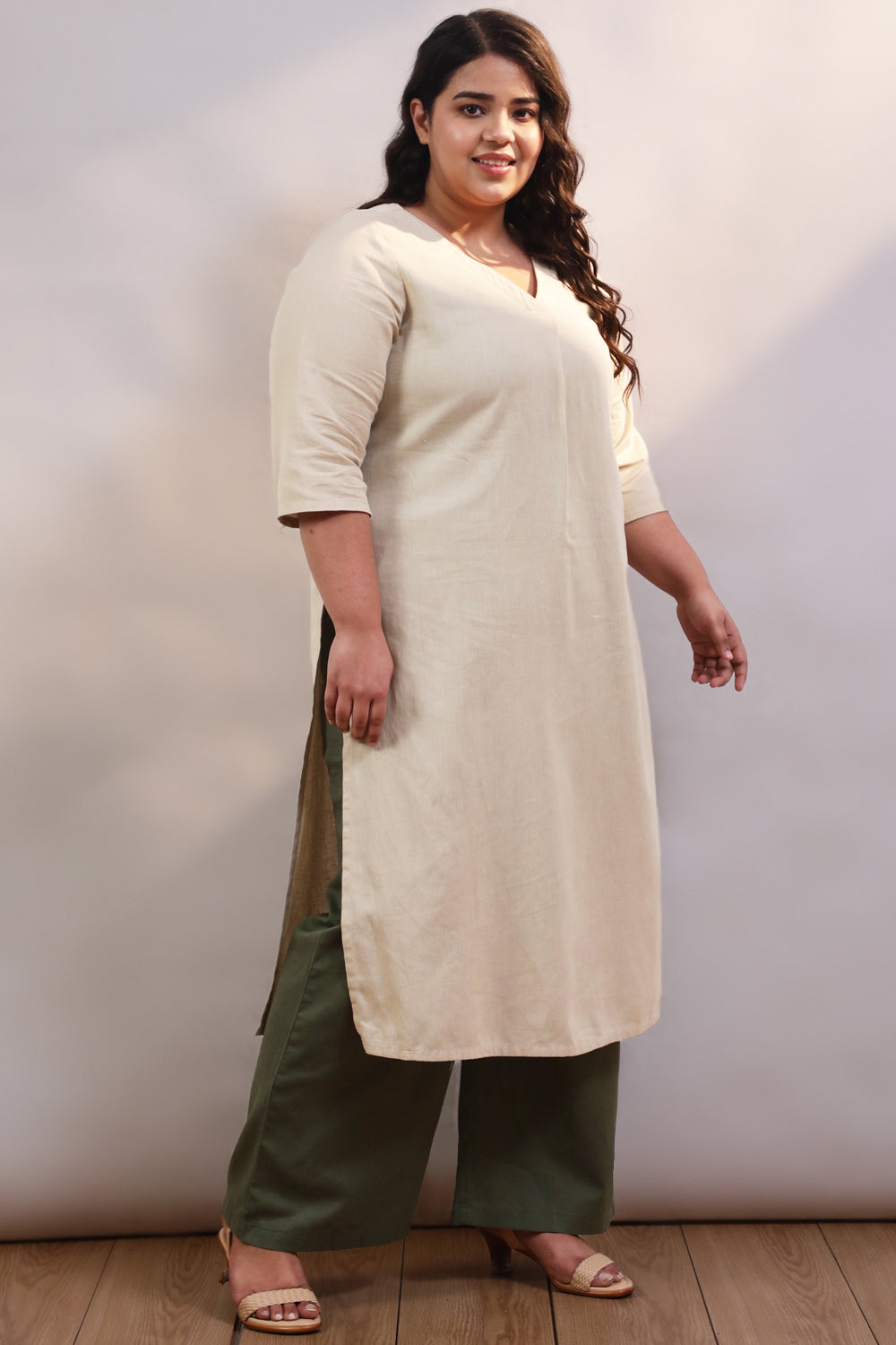 Buy Cream Cotton Linen V Neck Centre Pleat Kurti