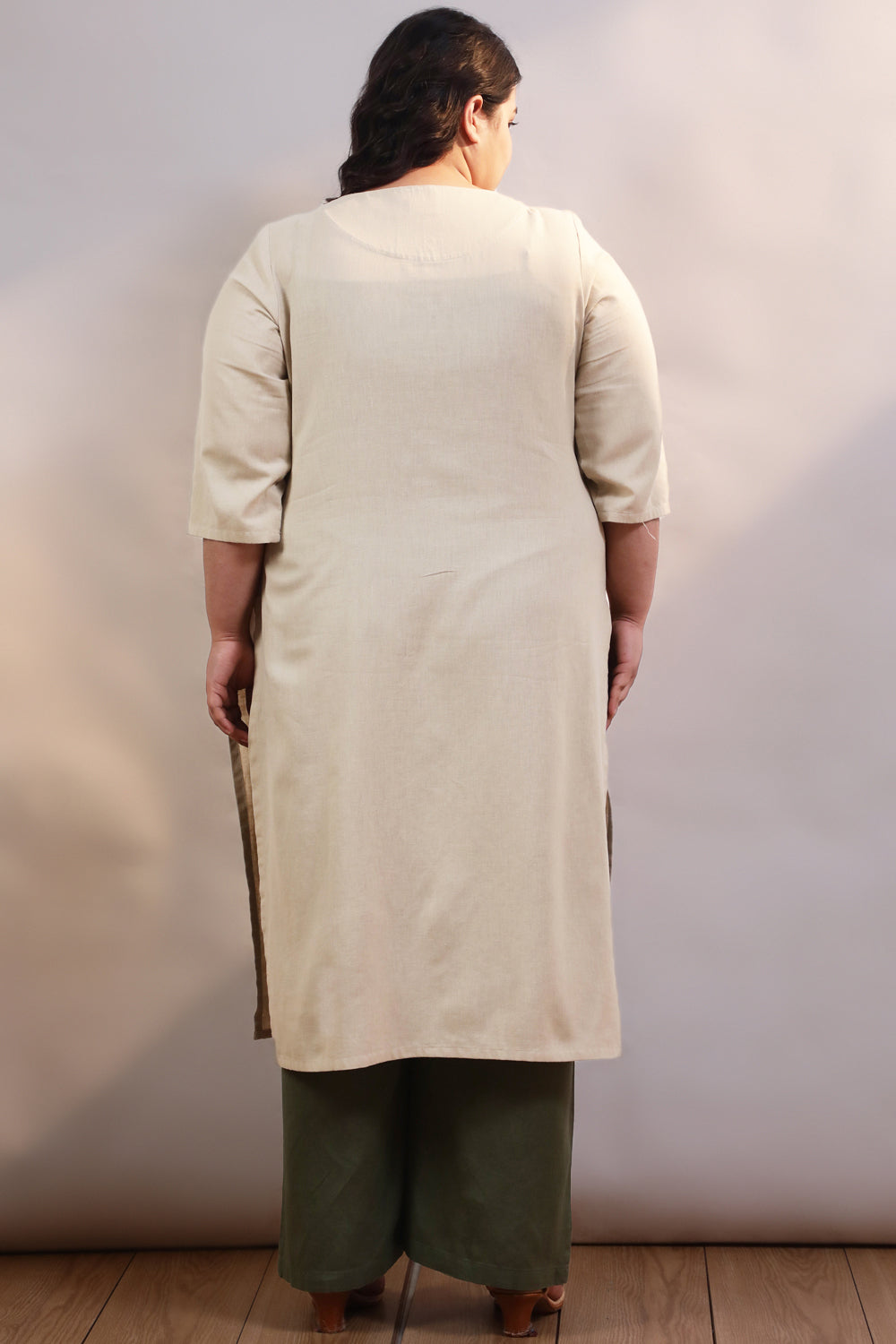 Comfortable Cream Cotton Linen V Neck Centre Pleat Kurti