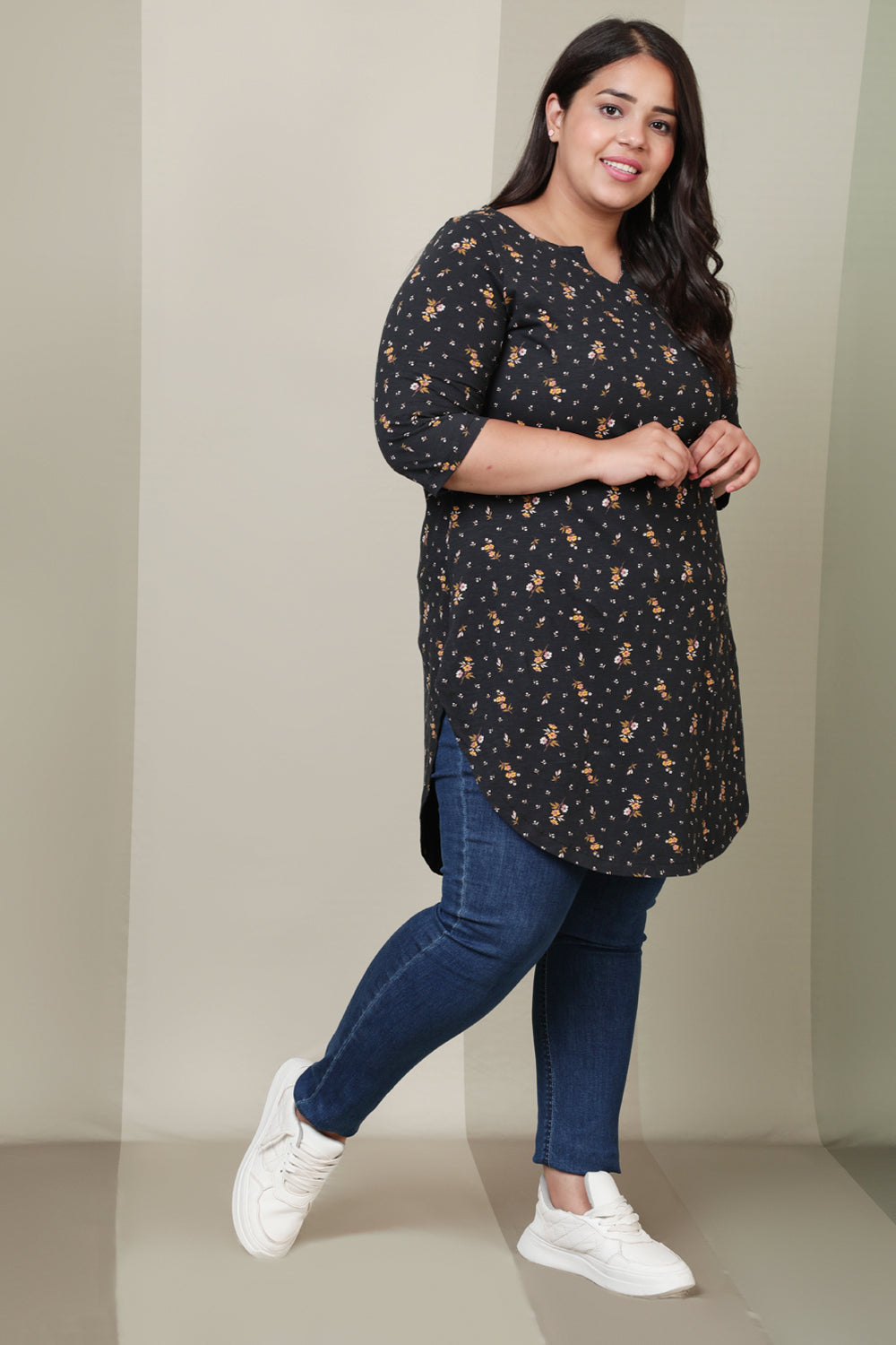 Buy Black Floral Print Longline Tunic