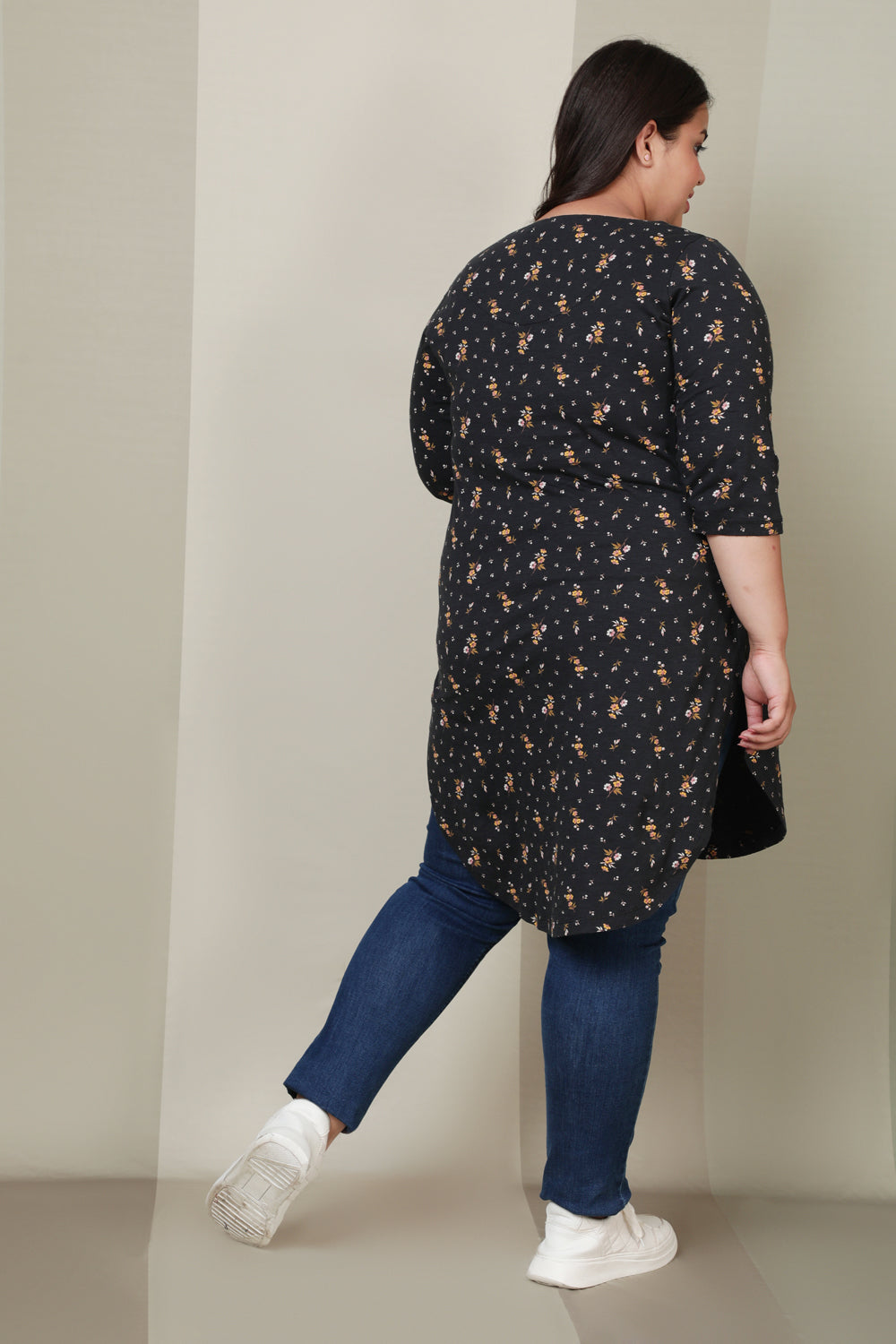 Black Floral Print Longline Tunic for Women